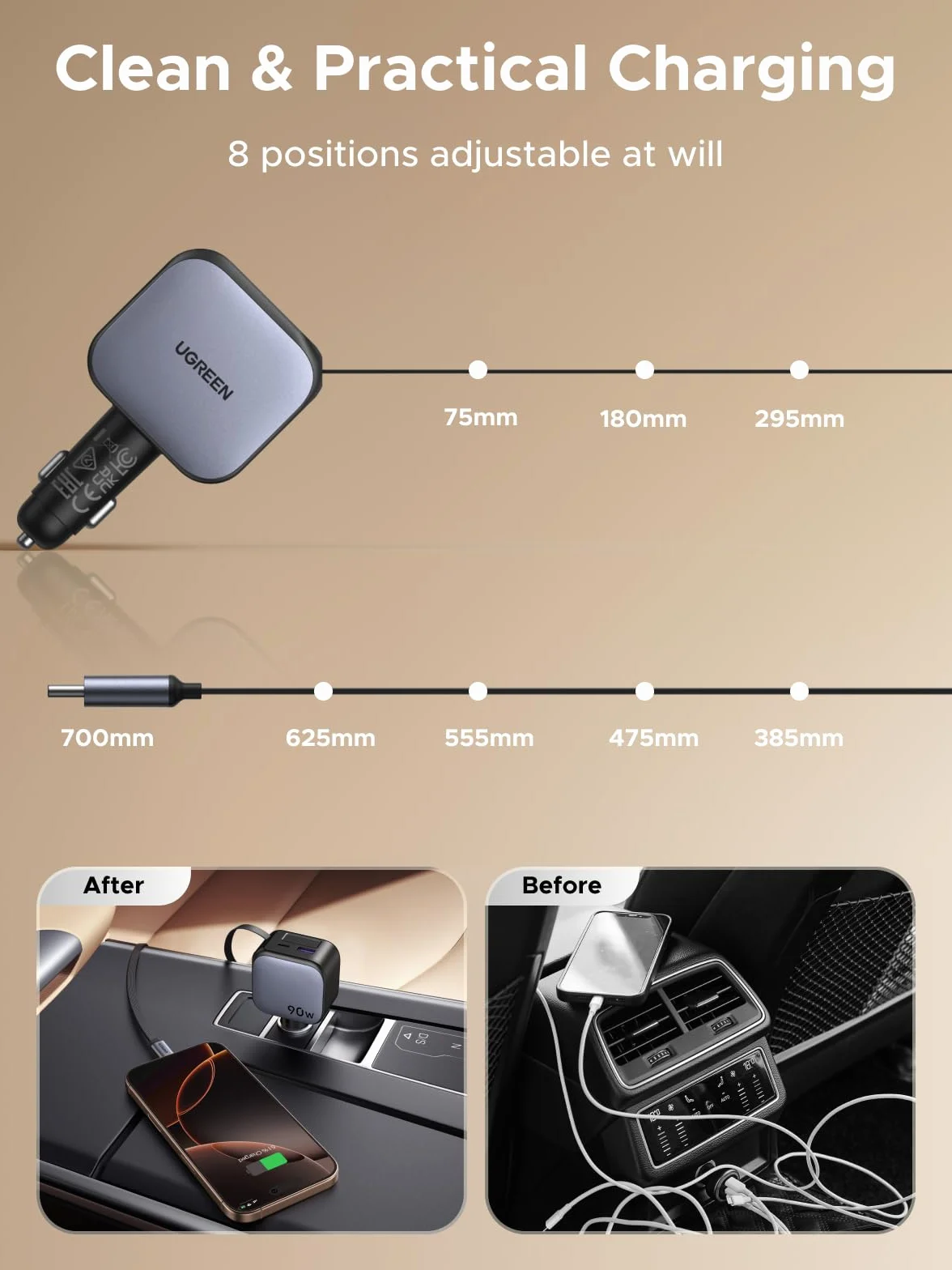 UGREEN 3 w 1 zapalniczka samochodowa 90W chowana ładowarka samochodowa 60W wbudowany kabel USB-C akcesoria samochodowe 12 V zasilacz samochodowy do iPhone 17/16/15, Macbook, Galaxy S25/24, GPS itp