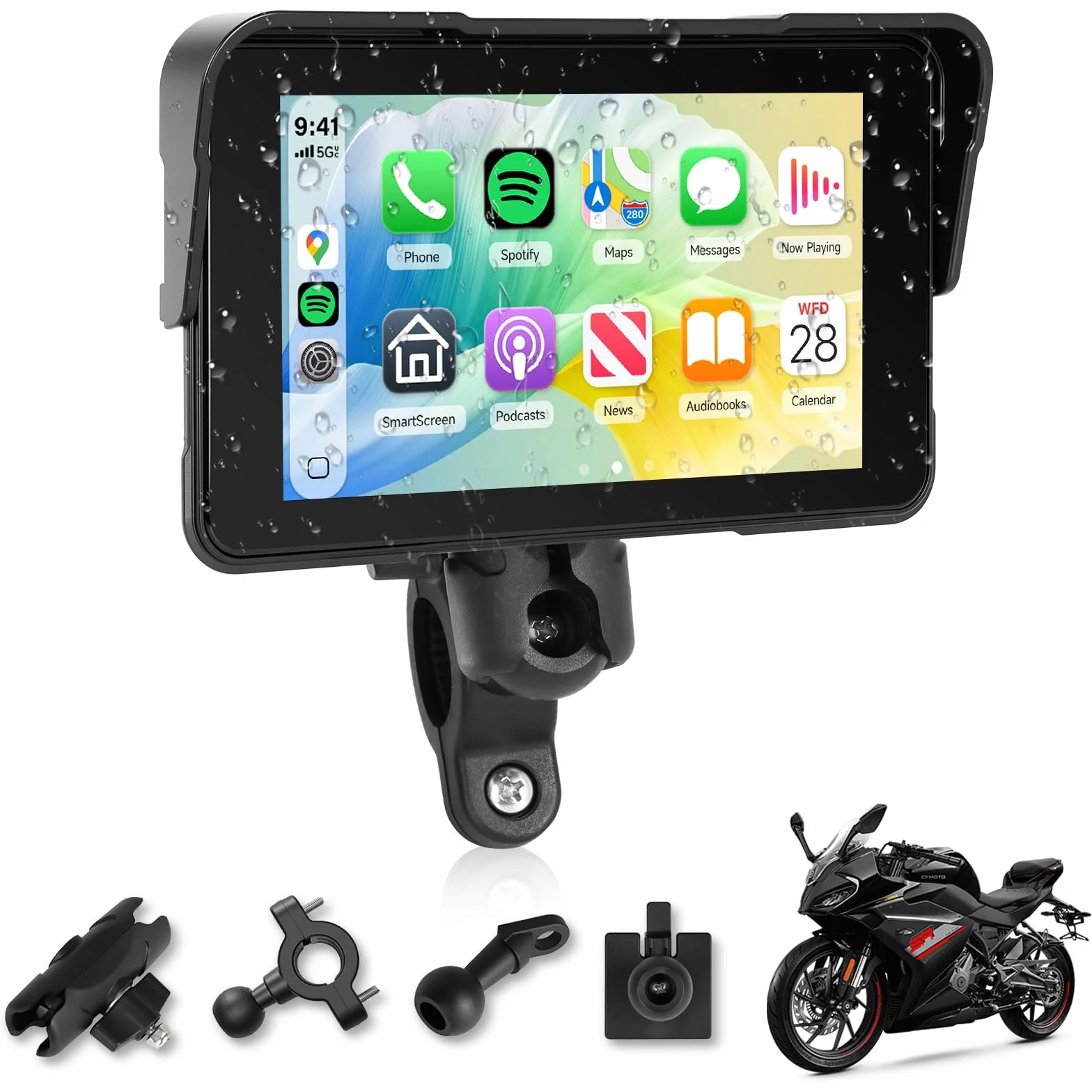 Rimoody GPS motocyklowy 5 cali z funkcją CarPlay i bezprzewodowym systemem Android Auto - wodoodporna nawigacja motocyklowa IP68, ekran dotykowy 5'', uniwersalne mocowanie fizyczne przyciski
