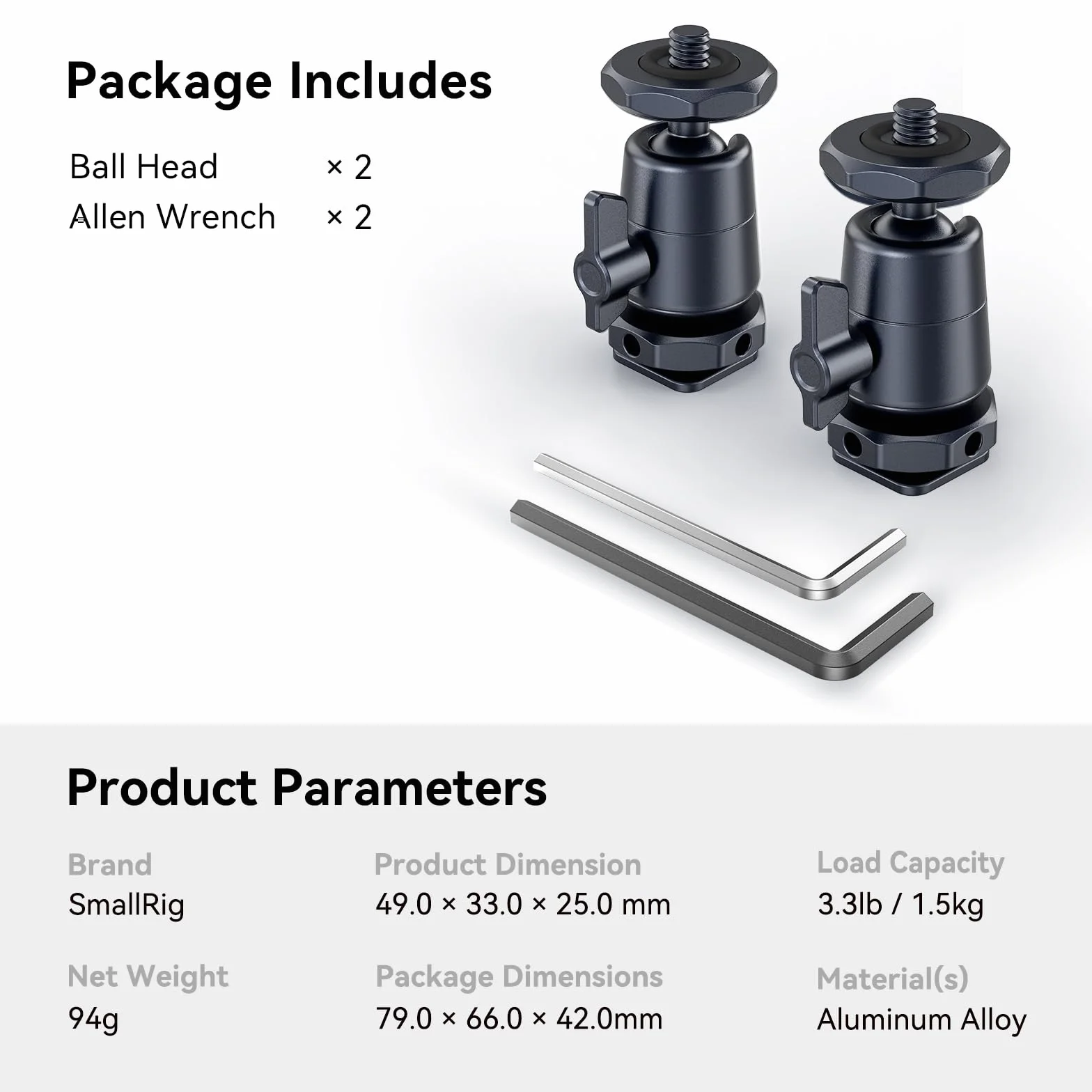 SMALLRIG mini Ball Head Minigłowica Kulowa (2 sztuki) ze śrubą 1/4" i Zdejmowanym Uchwytem na Stopkę, Aluminiowa Głowica Statywu Obracana o 360 Stopni do Statywów, maks. Obciążenie 1,5kg - 2948B
