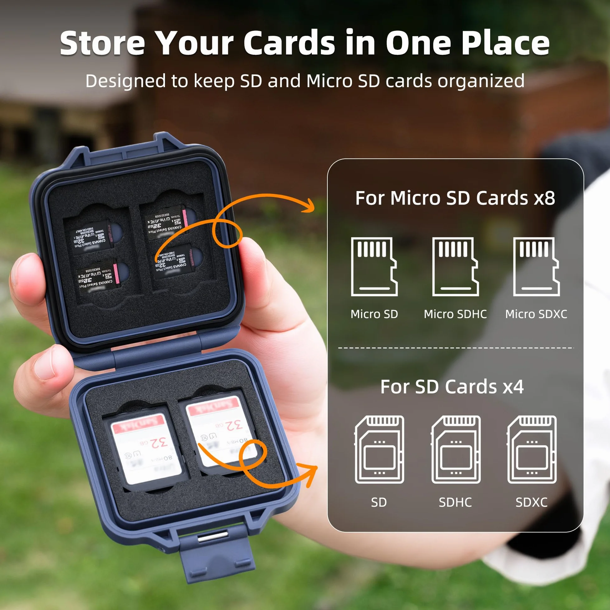 JJC Przenośne etui na karty pamięci na 4 karty SD i 8 kart Micro SD, pomarańczowe | Smukłe etui na karty SD 16,4 mm, wodoodporna powłoka ABS, odporna na wstrząsy wyściółka z pianki EVA, smycz w zestawie