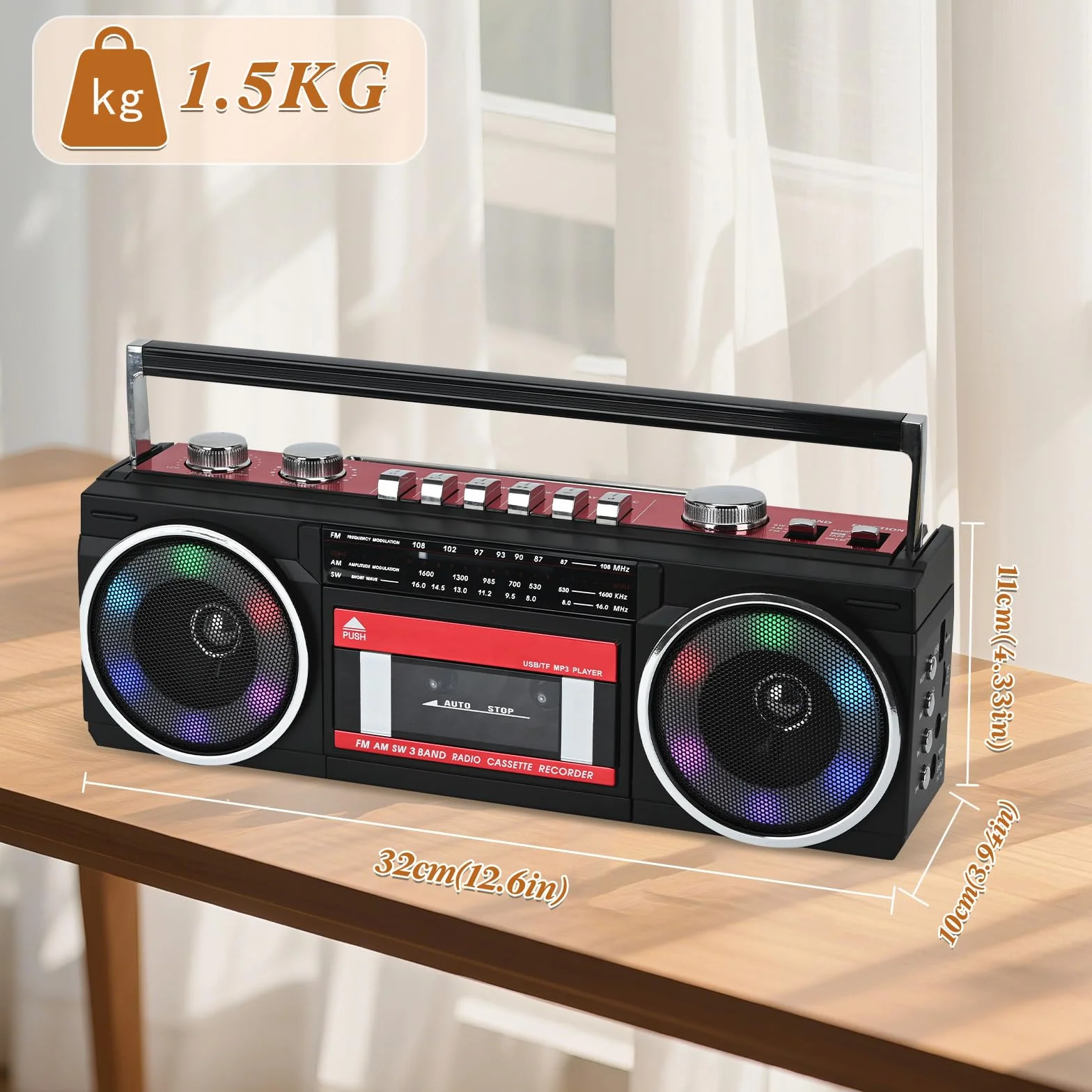 Przenośny odtwarzacz kasetowy Boombox AM/FM/SW radio stereo, odtwarzacz kasetowy, odtwarzacz MP3, Bluetooth, USB, RGB, karta TF (czerwony)