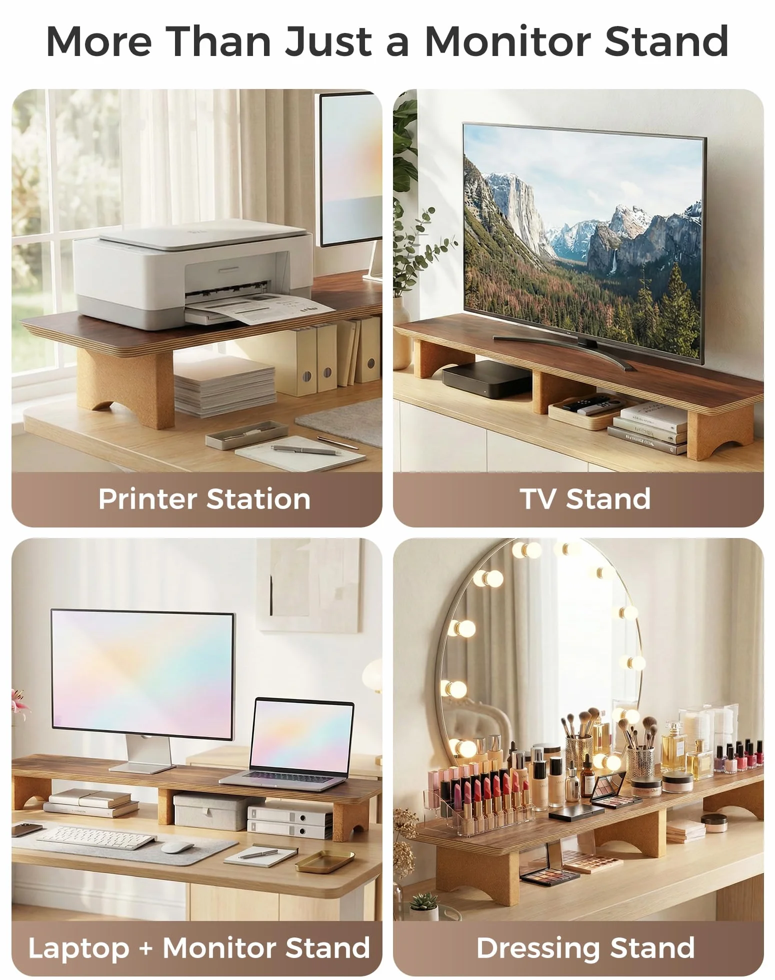 Aothia Duża podstawka pod monitor komputerowy, drewniana półka z ekologicznymi nóżkami korkowymi do ciężkich laptopów/komputerów/TV/PC, idealny organizer regałowy do biura/domu (orzech włoski, duża)