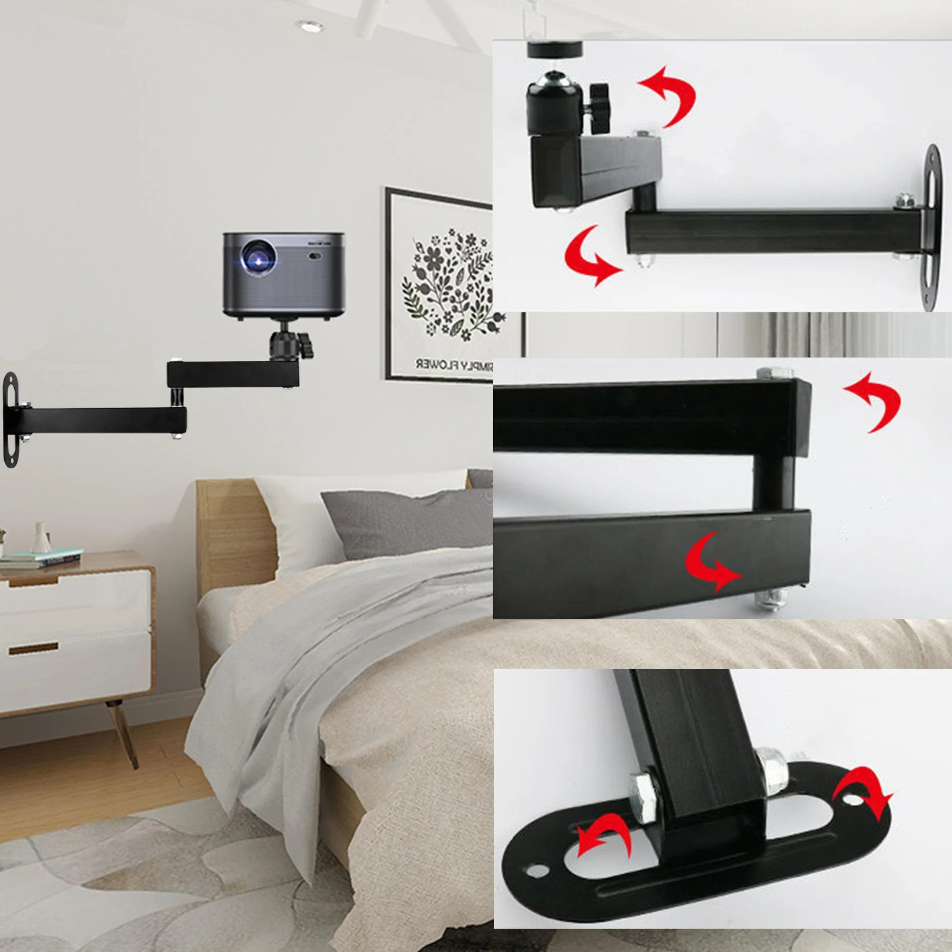 Uchwyt ścienny do projektora, regulowany stojak do projektora, obracany o 360°, metalowy stojak na projektor z przyłączem śrubowym 1/4", składany stojak do projektora do kina domowego, biura, pokoju