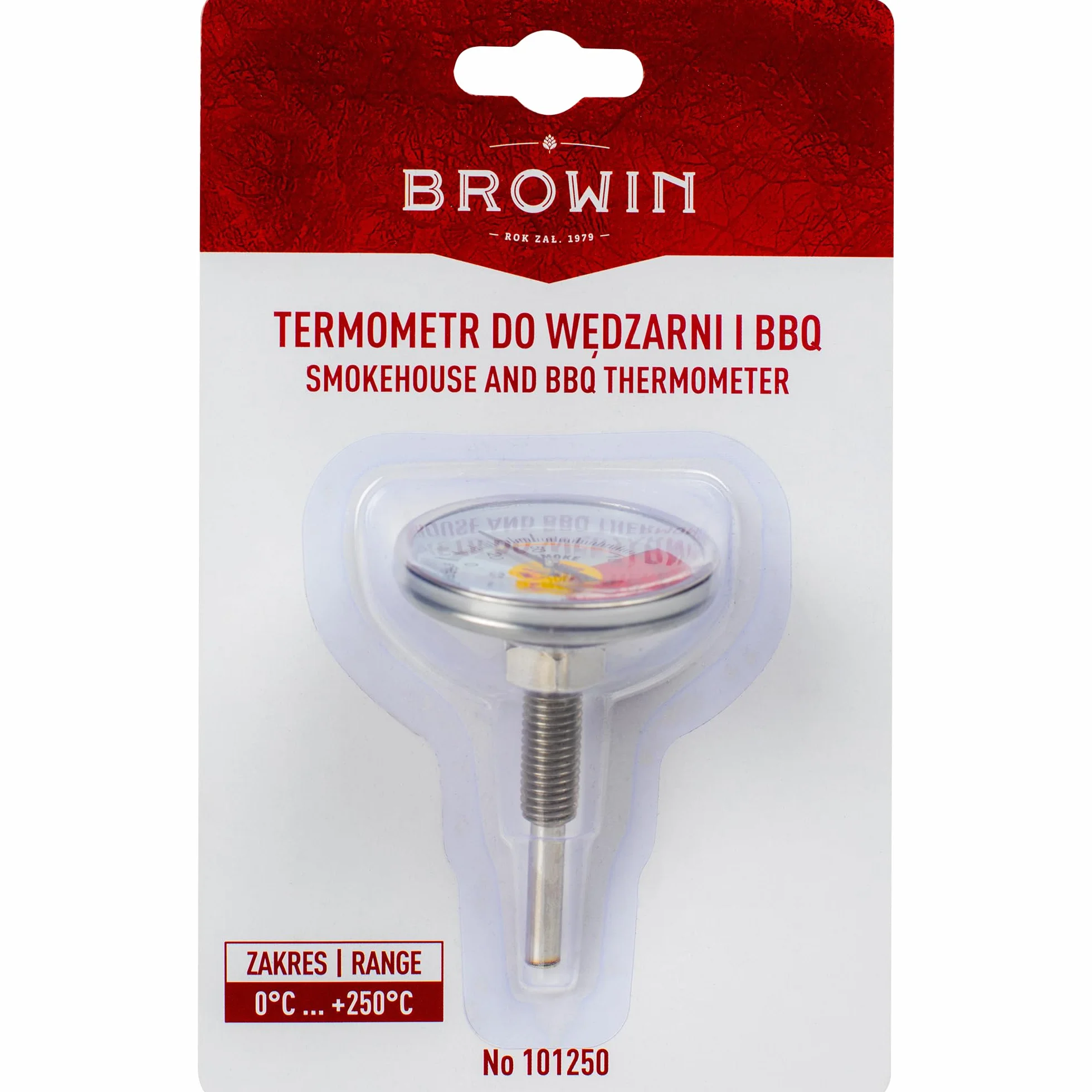 Browin 101250 Termometr do wędzarni, BBQ, grillowania - okrągła tarcza, stal nierdzewna, 0 - 250°C