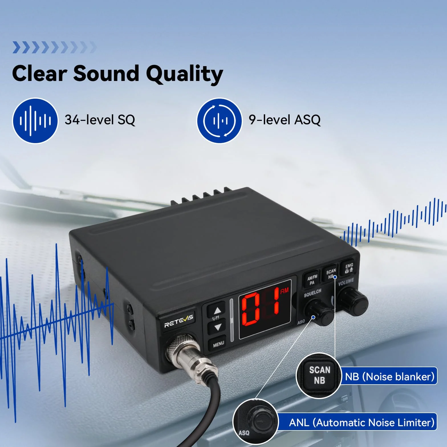Retevis MB63A CB radio AM/FM CB z systemem odprowadzania ciepła/PA 12/24V, filtr szumów NB/ANL, VOX, EMG CH9/19, radiotelefon do samochodów kempingowych (1 sztuka, czarne)