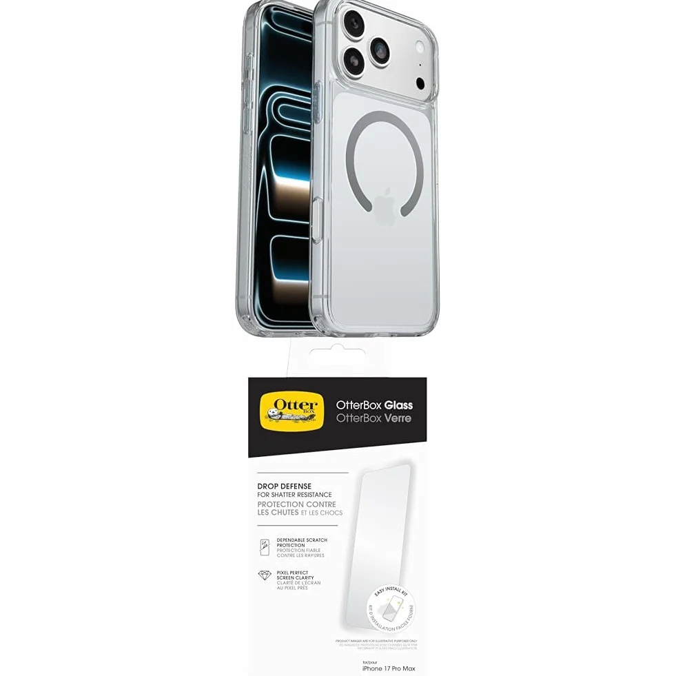 OtterBox Etui Symmetry Series Clear MagSafe do iPhone 17 Pro Max, 3 Razy Przetestowane Zgodnie ze Standardami Wojskowymi, Przezroczyste + OtterBox Glass Ochraniacz ekranu dla iPhone 17 Pro Max