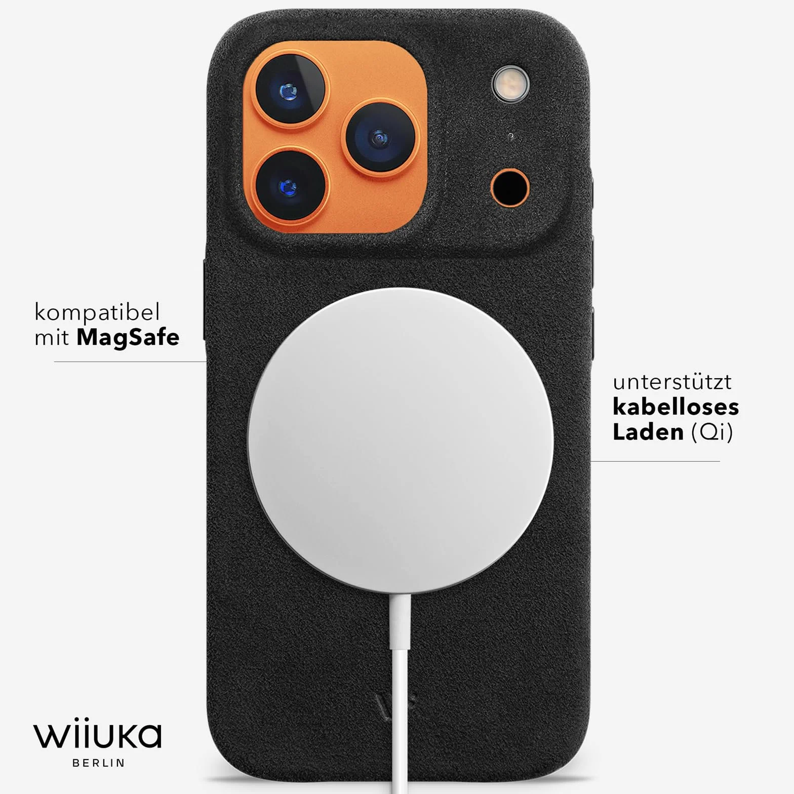 WIIUKA Etui do iPhone 17 Pro Max, oryginalne Alcantara®, ręcznie wykonane, bardzo cienkie, etui premium na telefon komórkowy, Case, Qi, alternatywa dla skóry, kolor czarny