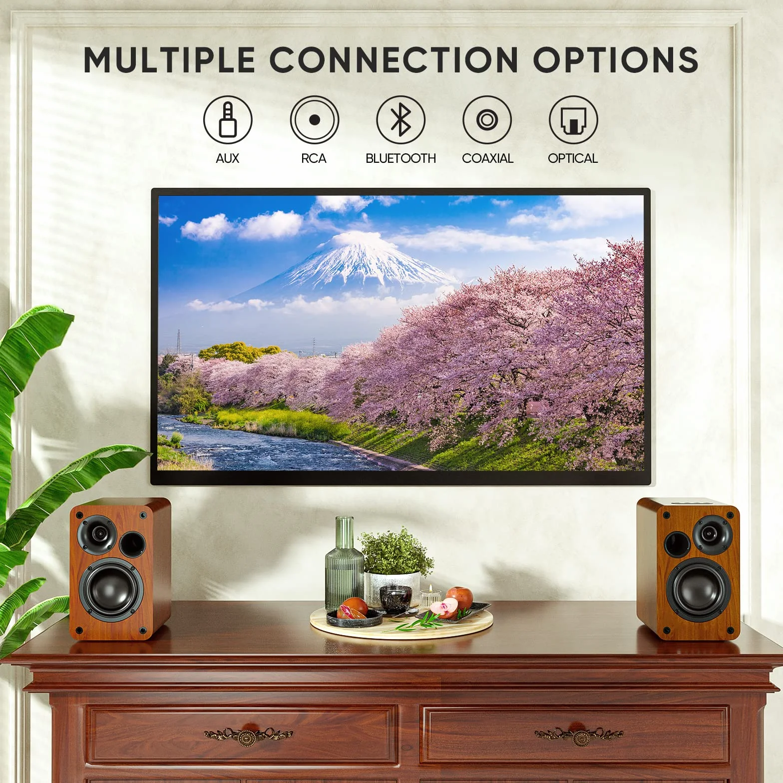 Saiyin Głośniki półkowe Bluetooth, 30 W x 2, zasilane głośniki telewizyjne z głośnikiem niskotonowym 3,5 cala, głośniki gramofonowe z wejściem optycznym/AUX/RCA do PC i telewizora