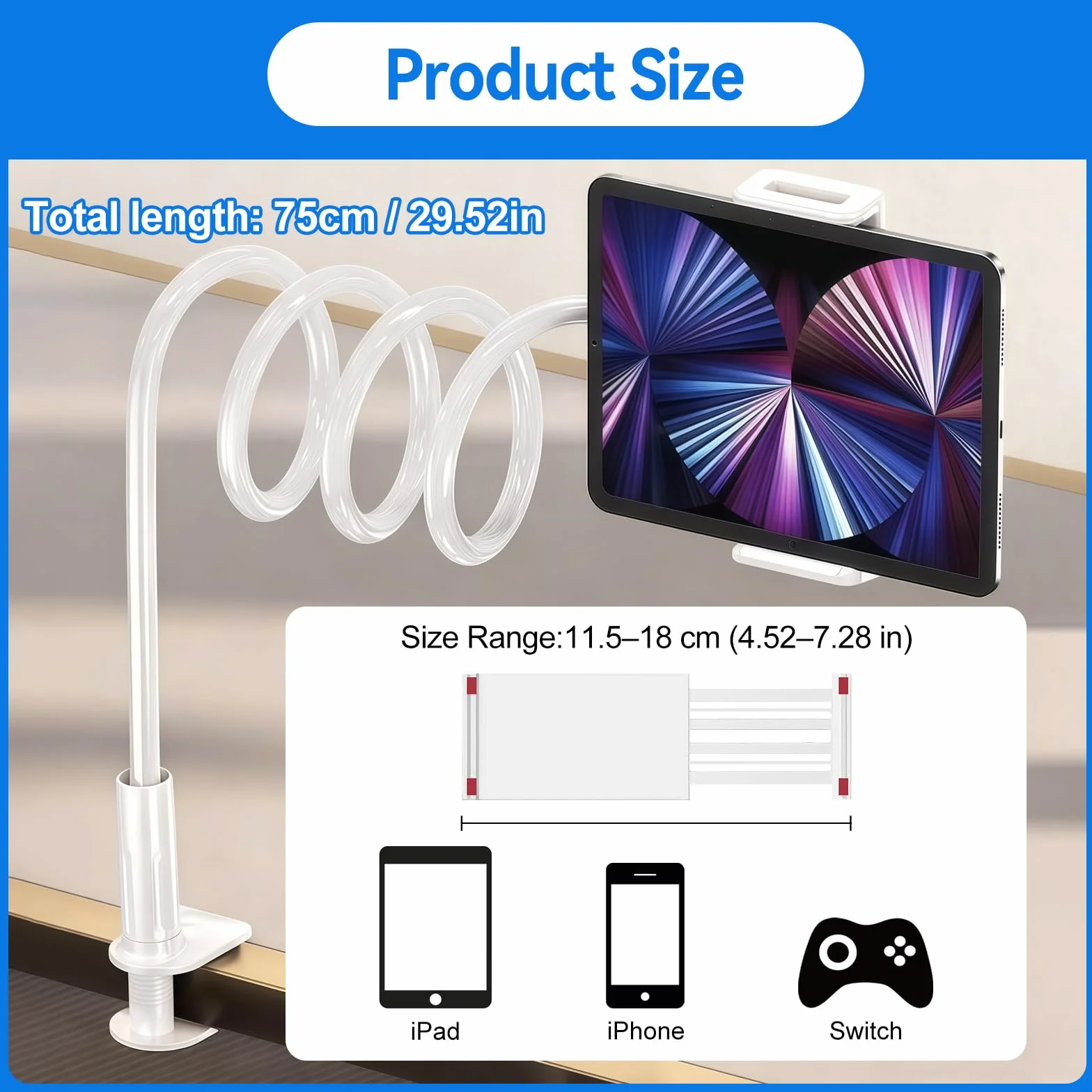 Zykra Uchwyt na tablet typu łabędzia szyja, długie ramię 75 cm, regulowany, obracany o 360°, do urządzeń 11,5-18 cm