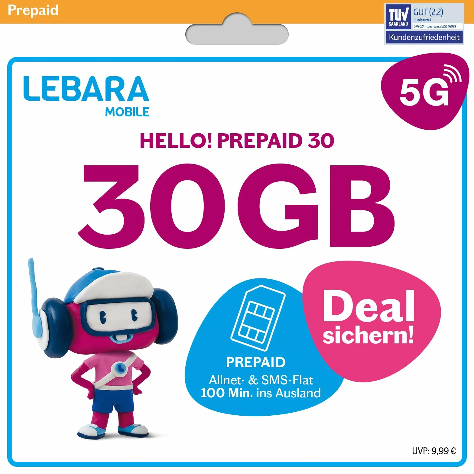 Lebara Prepaid karta SIM Hello! 13 przedpłaconych taryf Allnet Flat 13 GB 5G 100 minut za granicą