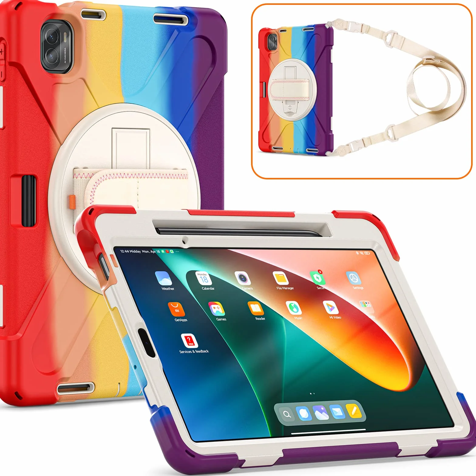 Etui na Xiaomi Pad 5 / Pad 5 Pro z uchwytem na długopis 11 cali 2021, wytrzymałe, odporne na wstrząsy etui ochronne z obrotowym paskiem na rękę o 360, pasek na ramię, kolor czerwony