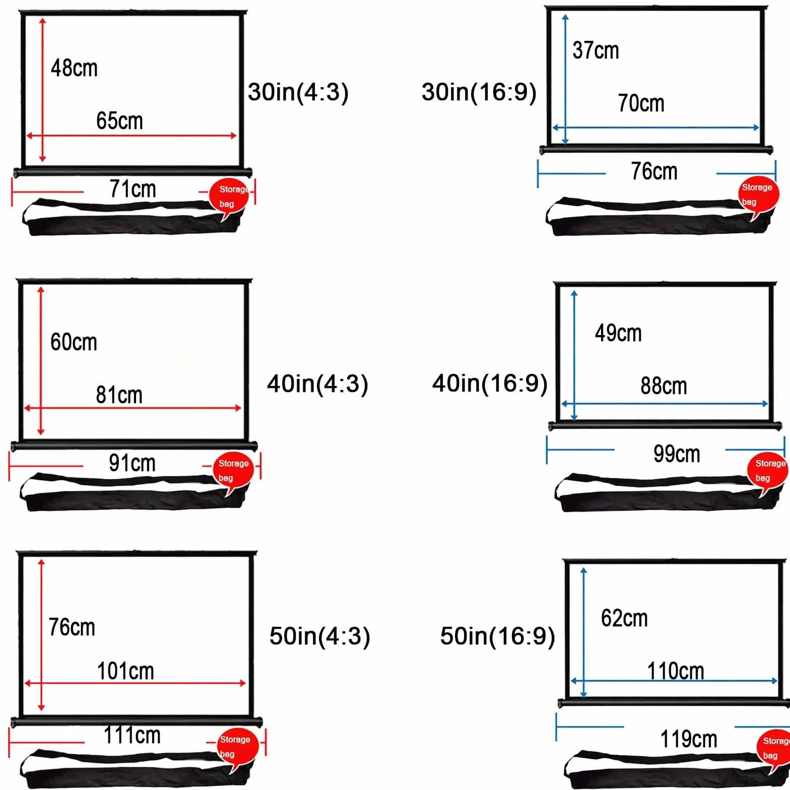 Ekran filmowy HD, przenośny ekran projekcyjny na biurko, chowane wzmocnienie, 30", 40", 50", bez zmarszczek, na kemping, do domu, biura (76 cm)