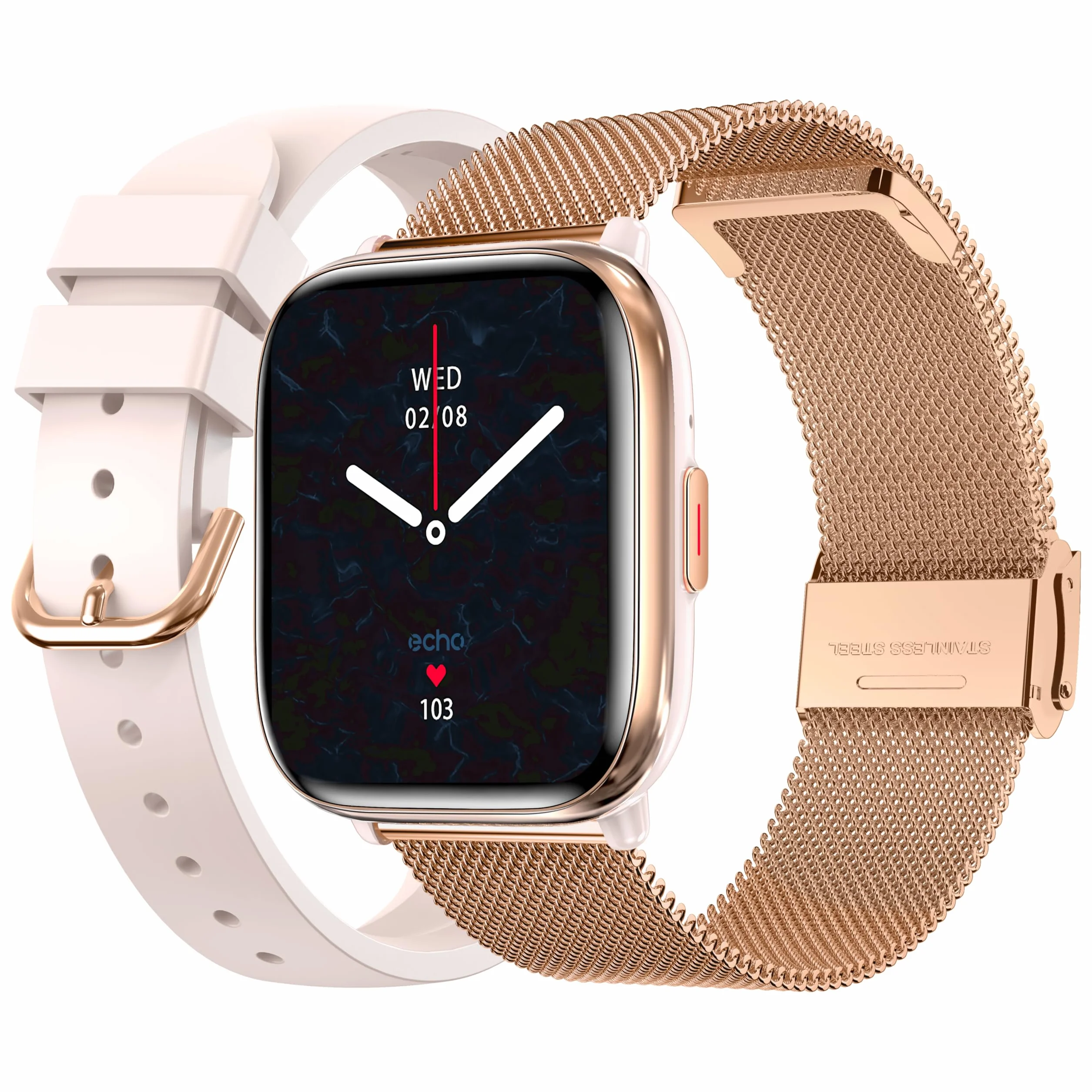ECHO Rainbow Nano AMOLED damski smartwatch 1,83'' różowe złoto, połączenie Bluetooth/bezprzewodowe i czujniki zdrowia, tryby sportowe z trenerem, 2 metalowe bransoletki i gumka, mini, lekki i