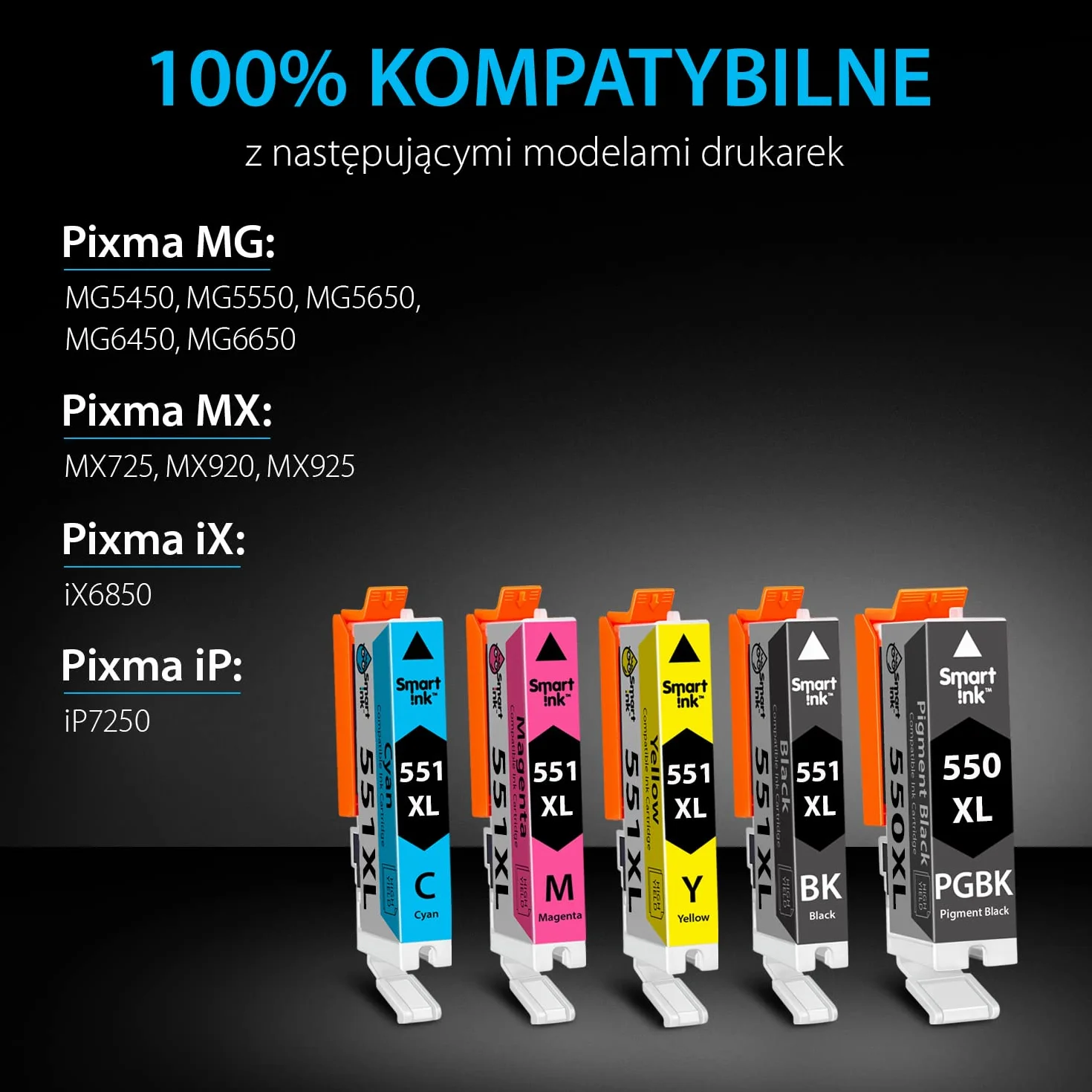 Smart Ink Kompatybilne wkłady atramentowe jako zamiennik do Canon PGI 550XL CLI 551XL 550 551 XL (5 sztuk) do użytku z PIXMA iX6850 MG5450 MG5650 MX725 MG6650 MG6450 MX925 iP7250 (PGBK & BK/C/M/Y)