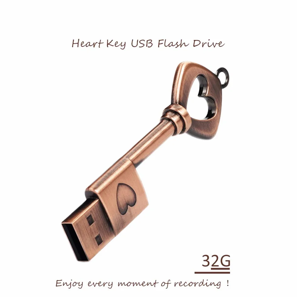 32 GB Pamięć USB, BorlterClamp Pendrive Retro Metalowy Miłość Serce Klucz Kształt