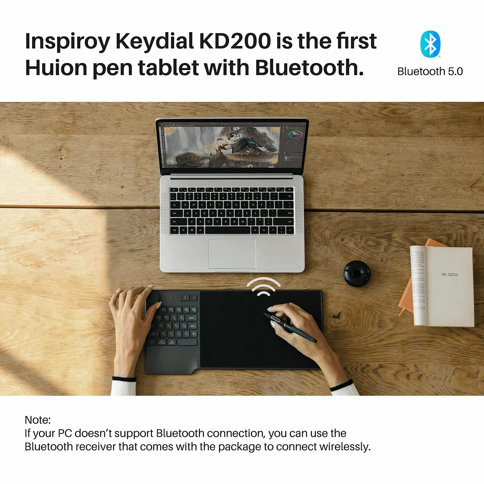 Huion Graphics Tablet Inspiray Brenial KD200 Bluetooth 5.0 8,9 x 5,6 Calowa taca pióra w połączeniu z klawiaturą i sterownikiem wybierania, odpowiedni dla początkujących i profesjonalnych projektantów