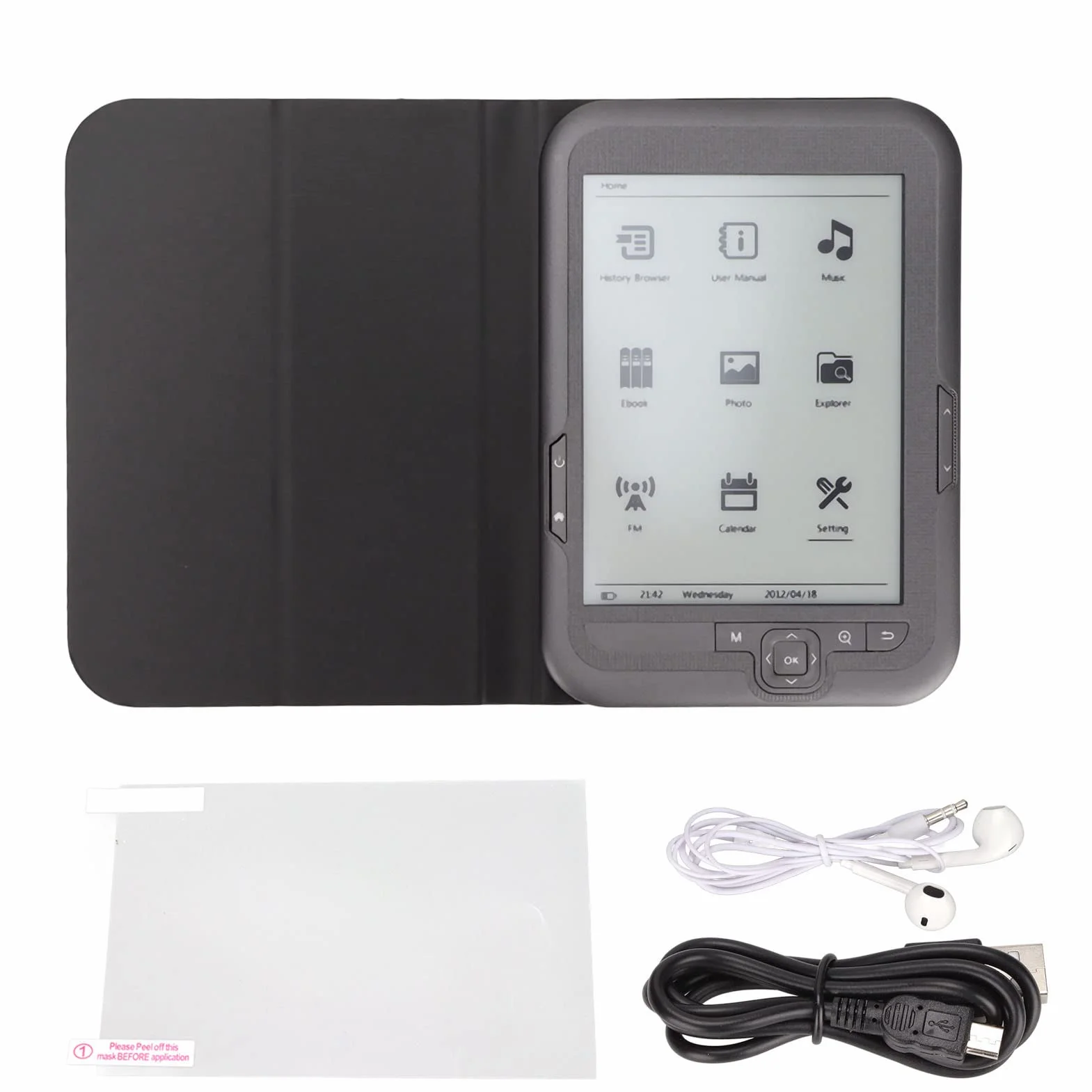 Ereader, Czytnik Ebooków 6In 800X600 HD Ink Screen, Ink Screen E Reader z Futerałem Ochronnym Słuchawki, Obsługa Funkcji Zoom, Zakładki, FM, Odtwarzanie Muzyki Redukcja Niebieskiego(4 GB)