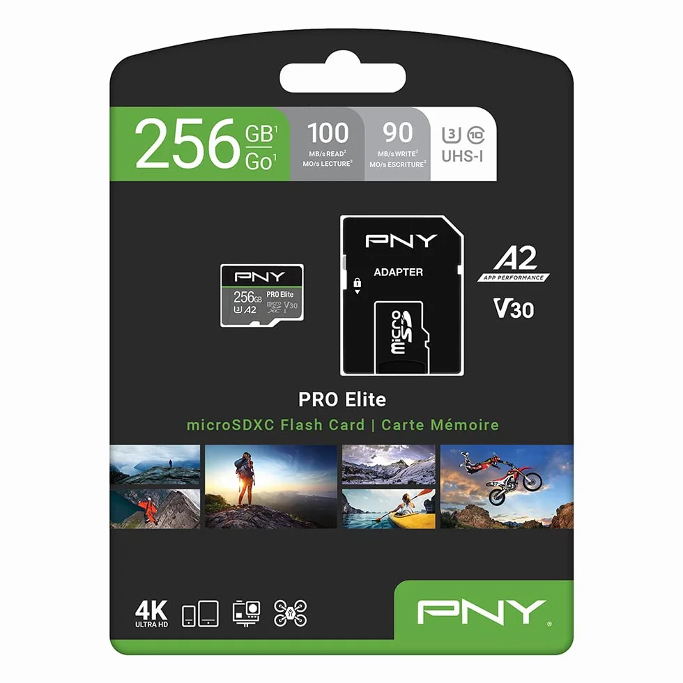 PNY PRO Elite 256GB microSDXC Memory Card + SD Adaptor, Class 10 UHS-I, U3, A2 App Performance, V30 for 4K Video, Read speed up to 100MB/s