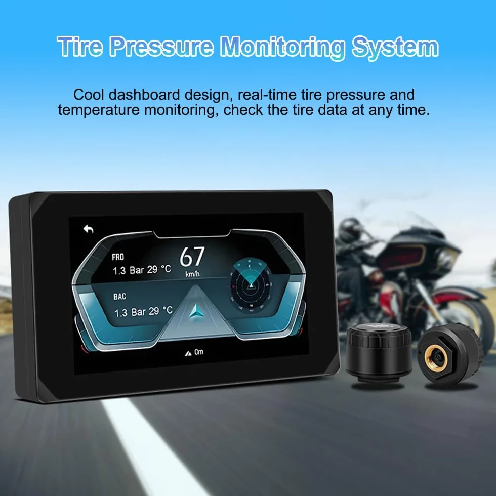Wyświetlacz VSYSTO Motorrad Carplay, Bezprzewodowy Carplay i Android Auto, Nawigacja GPS, Czujniki Ciśnienia w Oponach, 5-Calowy Ekran Dotykowy WiFi HD 1080P Przednia i Tylna Kamera Motocyklowa (CS5)
