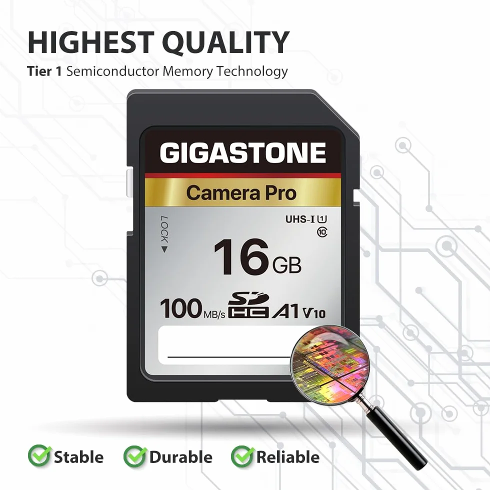 Gigastone Kamera Pro 16 GB SDHC karta pamięci 5 szt. w opakowaniu do 100 MB/s do aparatów cyfrowych Canon Sony Nikon Olympus, nagrywanie wideo Full HD UHS-I U1 V10 klasa 10