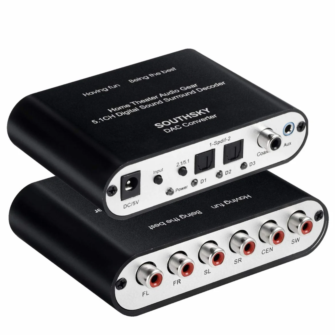 SOUTHSKY 5.1Cyfrowy Konwerter Dźwięku Przestrzennego, SPDIF, Optyczny, Koncentryczowy, 3,5 mm Gniazda Analogowego Audio 5.1CH, Wsparcie Dolby Digital, Dekoder DTS, DVD, HDTV, Wzmacniacz