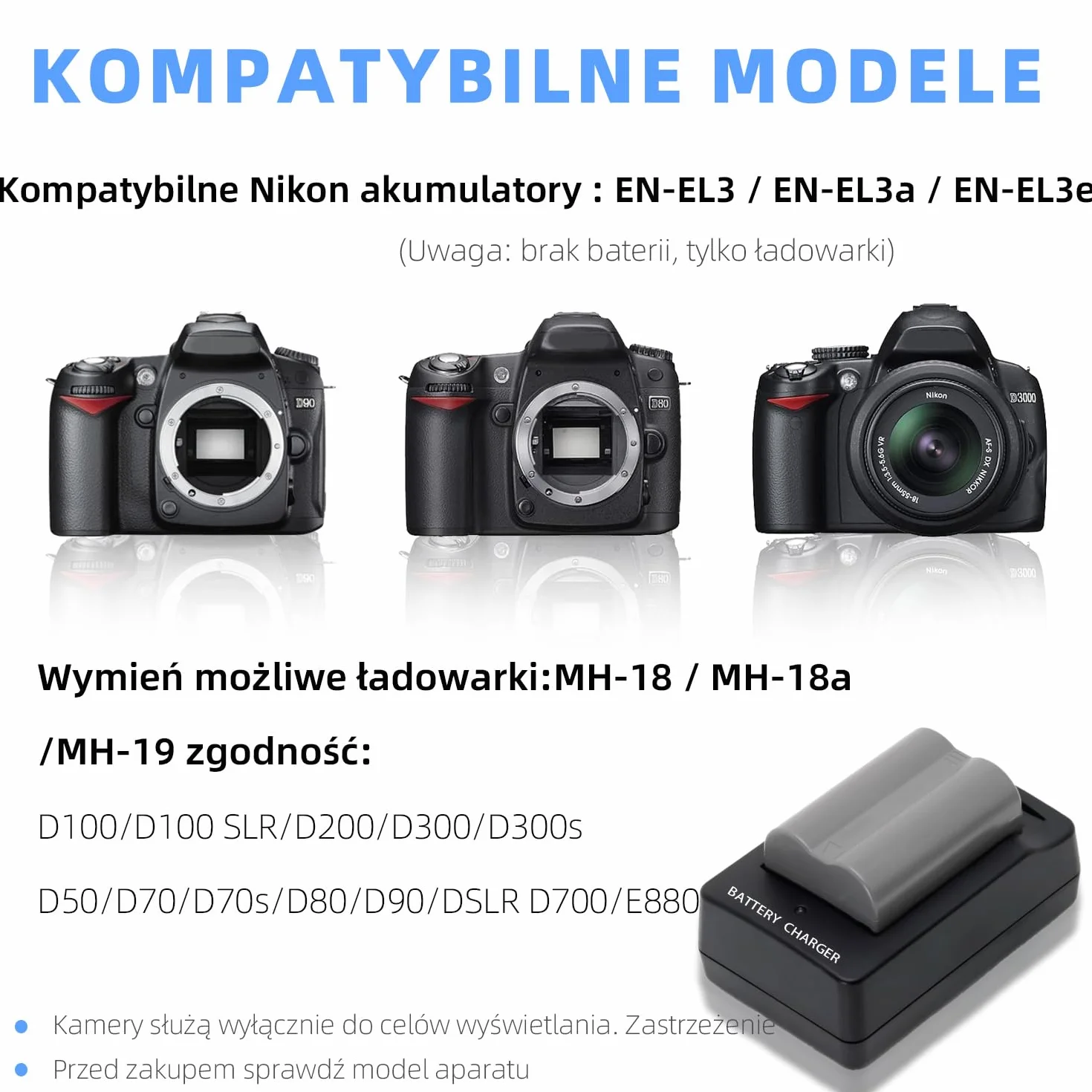 MH-18/MH-18a/MH-19 Ładowarka do baterii aparatu fotograficznego dla baterii EN-EL3/EN-EL3a/EN-EL3e Kompatybilna z Nikon D90 D300 D300s D700 D200 D80 D70 D70s D50 D100 D100LS aparatem
