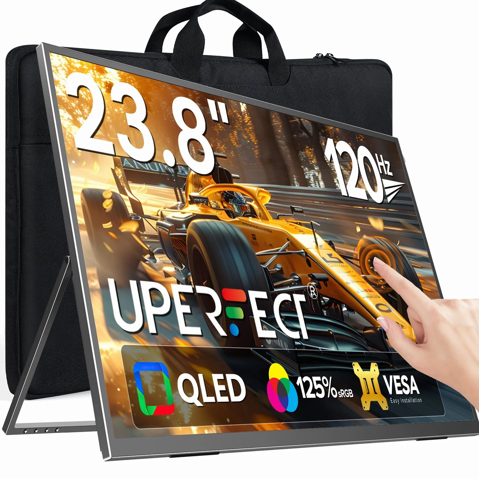 UPERFECT 23,8" 120 Hz QLED ekran dotykowy przenośny monitor gamingowy FHD 1080P 125% sRGB, duży wyświetlacz ze zintegrowanym uchwytem 180°, USB-C HDMI, do laptopa/komputera/konsoli do gier/mini PC