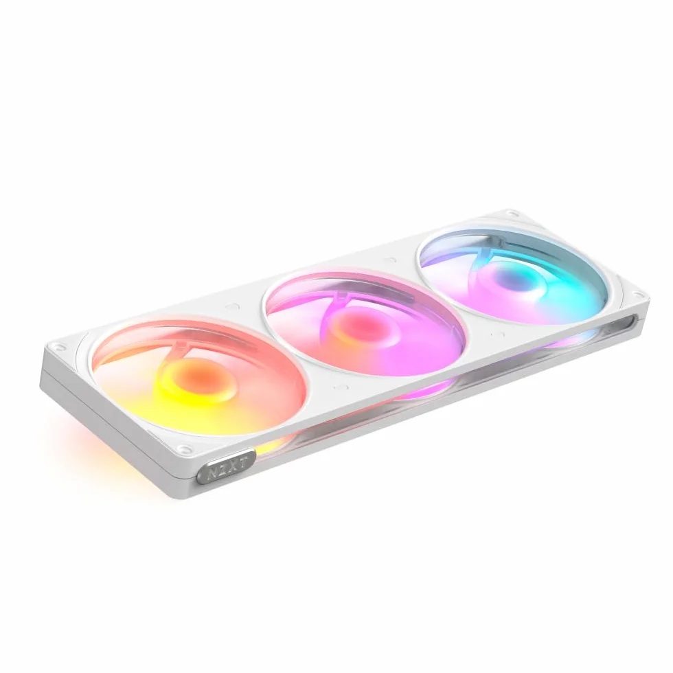NZXT F360 RGB - Wentylator RGB PWM single-frame 360mm - Biały | Zestaw single-frame 360mm z trzema wentylatorami PWM RGB 120mm. Żywe RGB i łożyska hydrodynamiczne dla cichego chłodzenia.