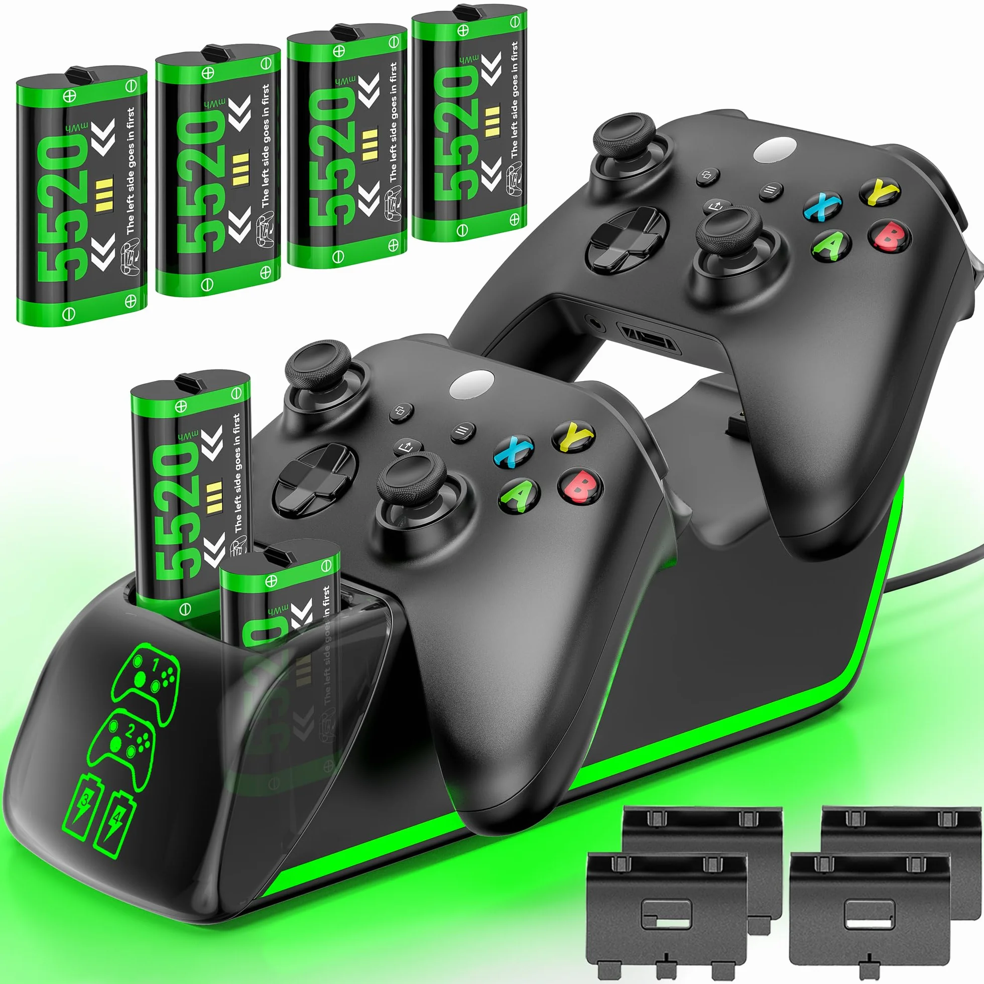 Stacja ładująca kontrolera Xbox z 4 x 5520 mWh akumulatorami do Xbox Series/One X|S, podwójna stacja ładująca RGB Xbox z kontrolerem X, akcesoria do kontrolerów gier