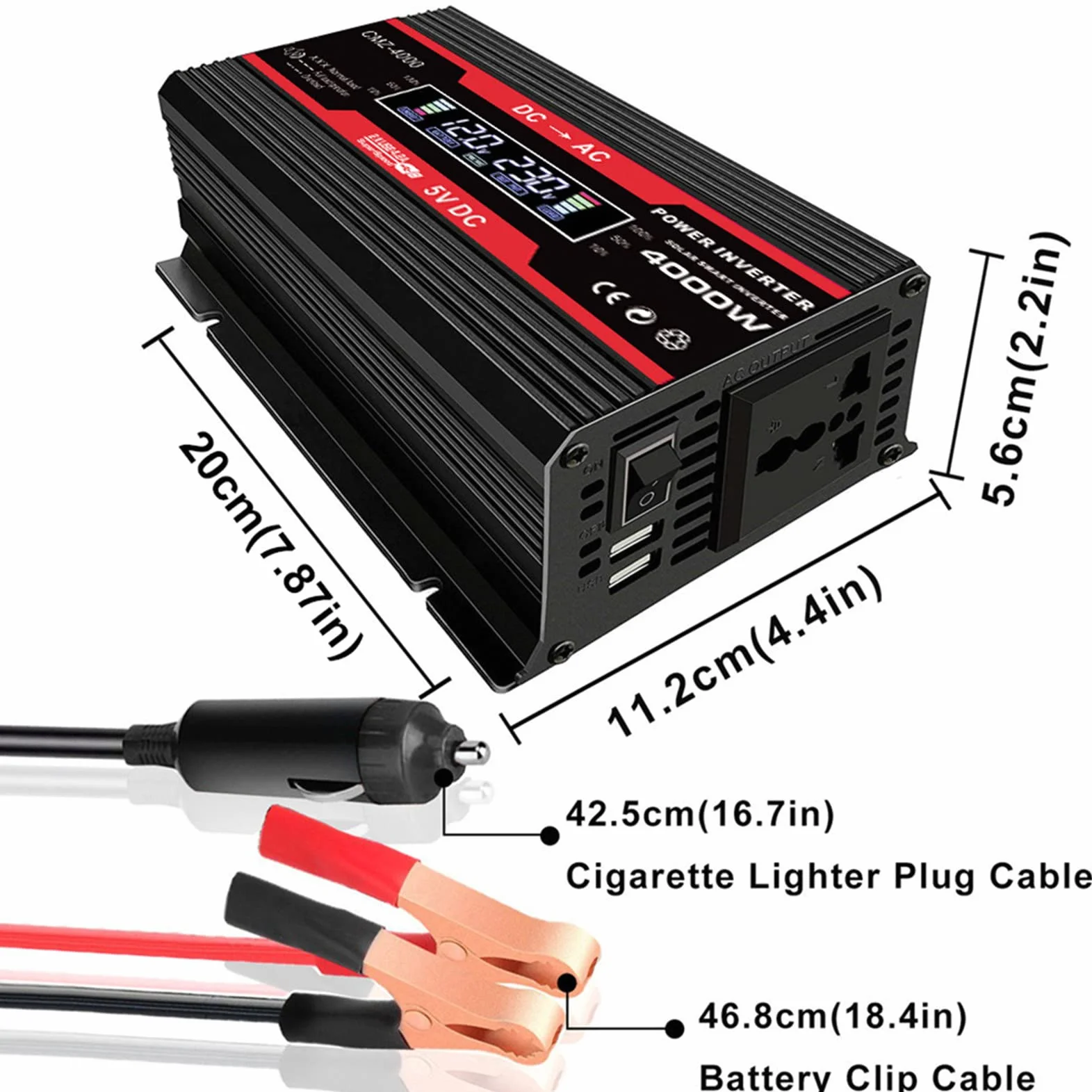 Przetwornice Mocy 300 W, Przetwornica Napięcia Samochodowego 12 V do 110 V 220 V AC Konwerter z 2 Falownikami USB i Zapalniczką Samochodową do Ciężarówki,Black-110V