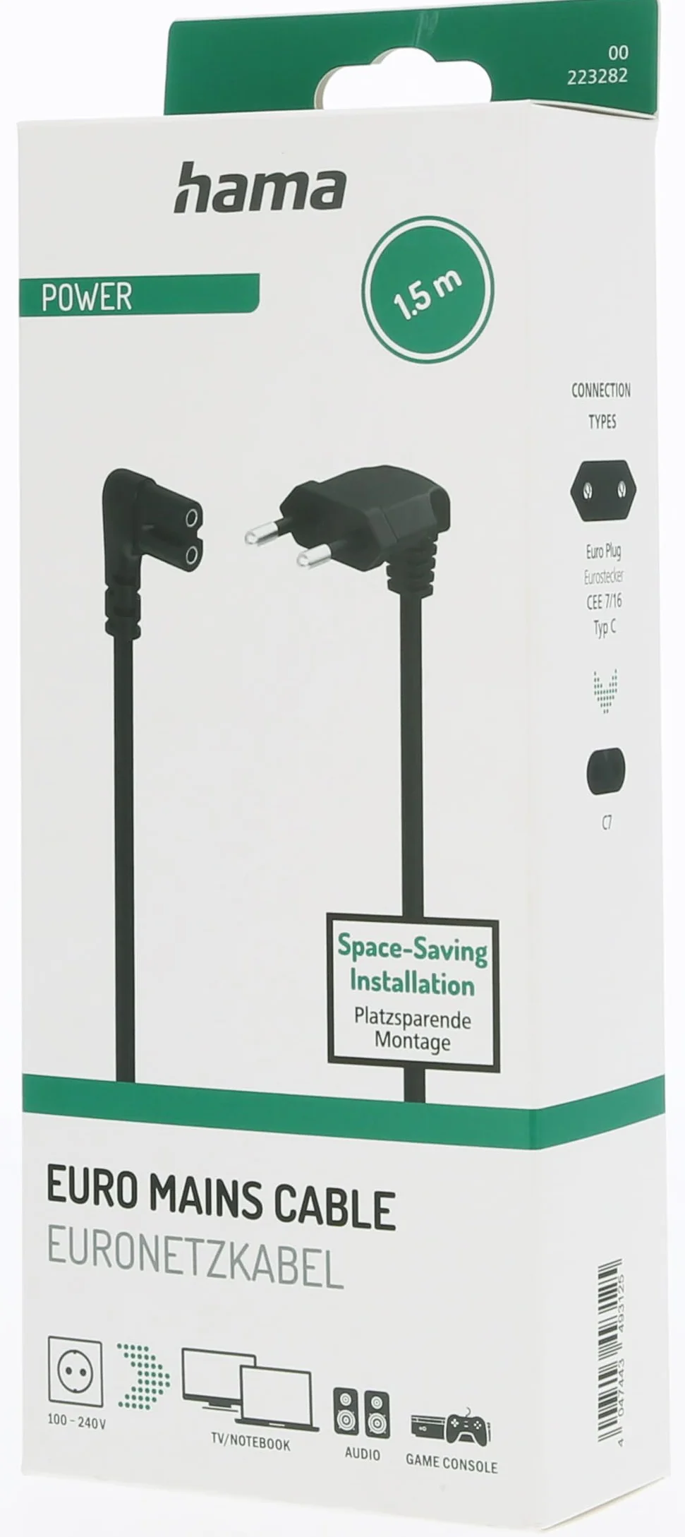 HAMA | Uniwersalny przewód zasilający (2-biegunowy kabel zasilający, wtyczka europejska z 2-stykowym złączem, kabel 1,5m, 230 V) Kolor Czarny.