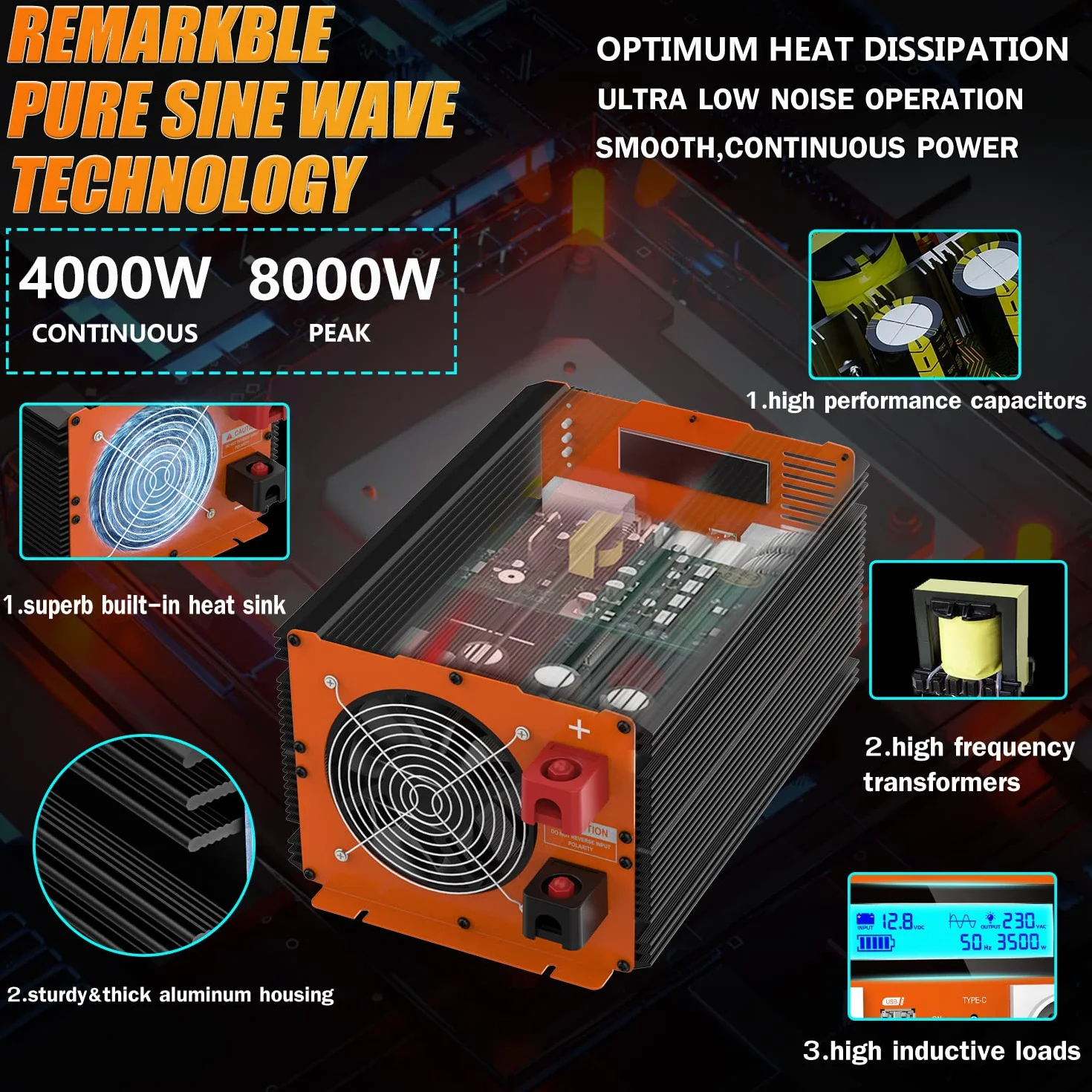 Falownik 12V 230V Czysty Sinus 4000W Przetwornica Napięcia z Pilotem Zdalnego Sterowania i Ekranem LCD i 2 Gniazdkami UE i 2 x port USB i Port typu C Solar Power Inverter (2 lata gwarancji)