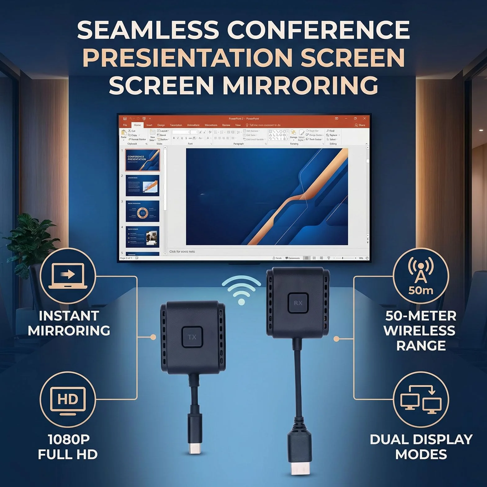 Bewinner Bezprzewodowy Zestaw Nadajnika i Odbiornika HD, Interfejs Multimedialny Typu C do HD Adapter do Lustrzanego Odbicia Ekranu 1080P 60 Hz Projektora Laptopa w Sali Konferencyjnej