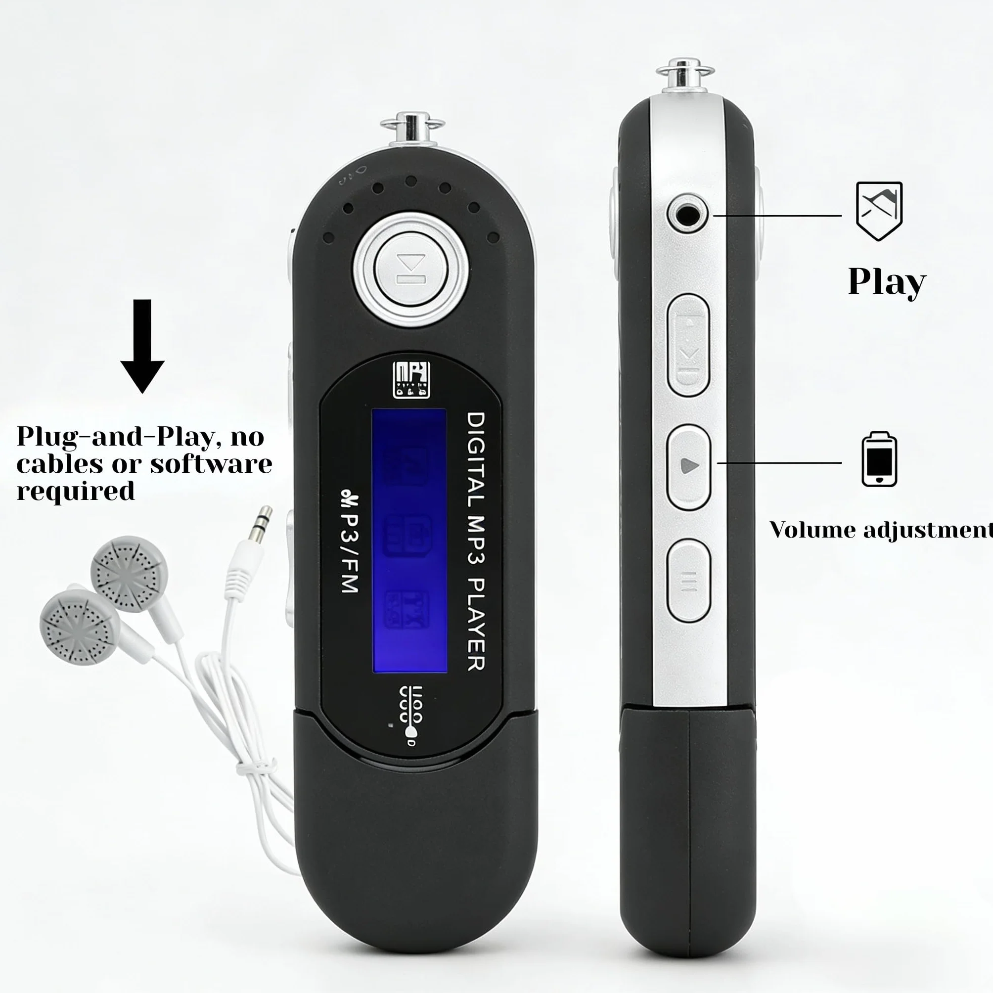 Odtwarzacz MP3, mini USB 2.0, odtwarzacz MP3 z radiem FM i słuchawkami, ekran LCD, automatyczne wyłączanie (czarny)