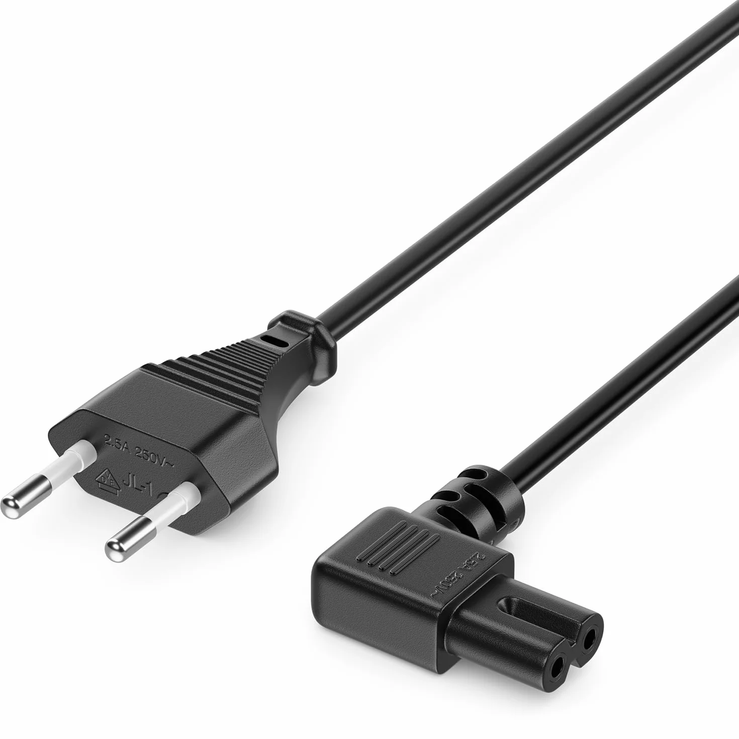 deleyCON 7,5m Kabel Zasilający Przewód Prądu Wtyk Typ C Euro na Gniazdo C7 90° Kątowy Euro Przewód Zasilania do Urządzeń Małych TV Blu-Ray Sprzęt Domowy Zasilacze - Czarny