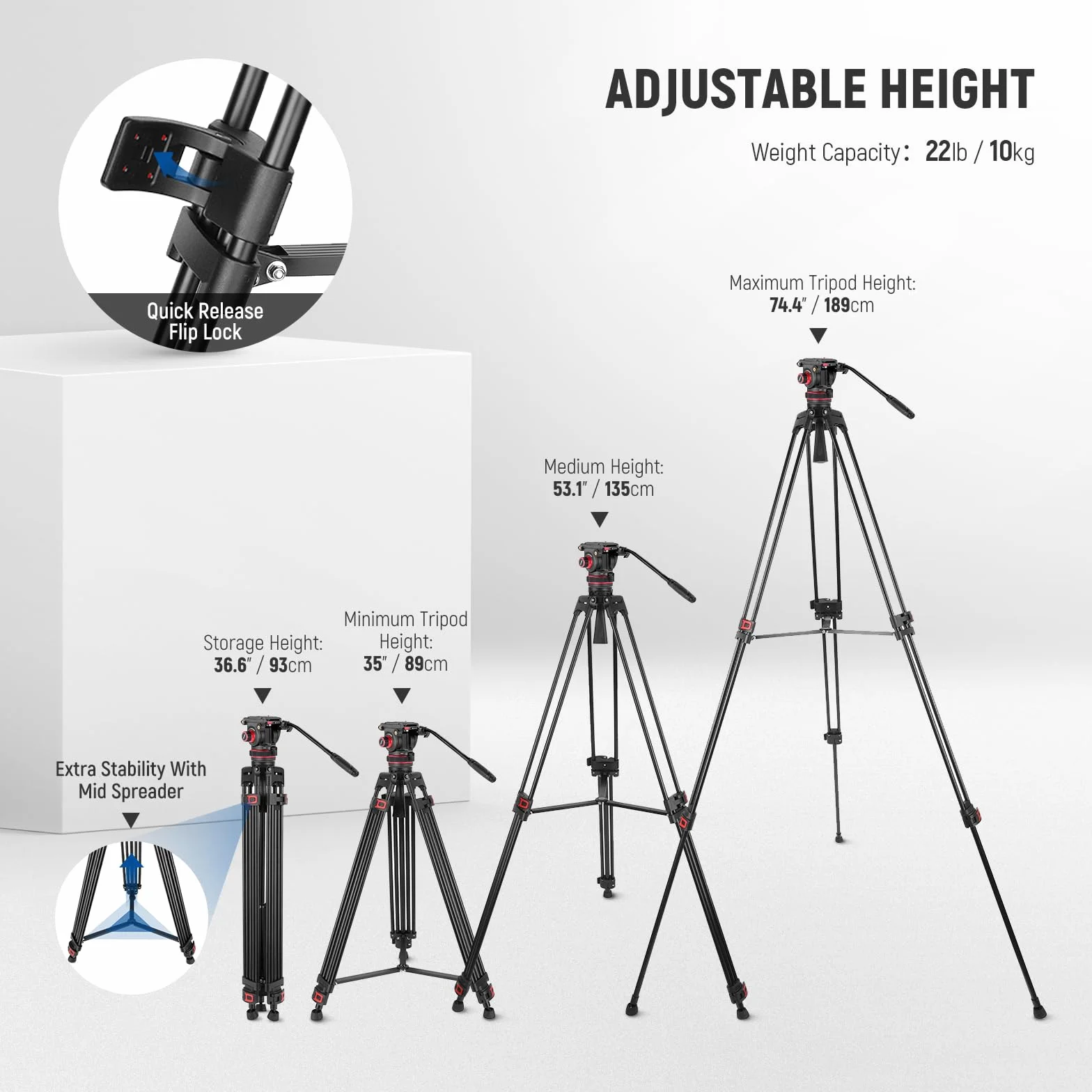 NEEWER 74" Pro statyw wideo z regulowaną amortyzacją, metalowa płyta QR Dual Mode, kompatybilny z DJI RS Gimbals Manfrotto, elastyczny obrót o 360° i nachylenie +90°/-75°, maksymalne obciążenie 10 kg,