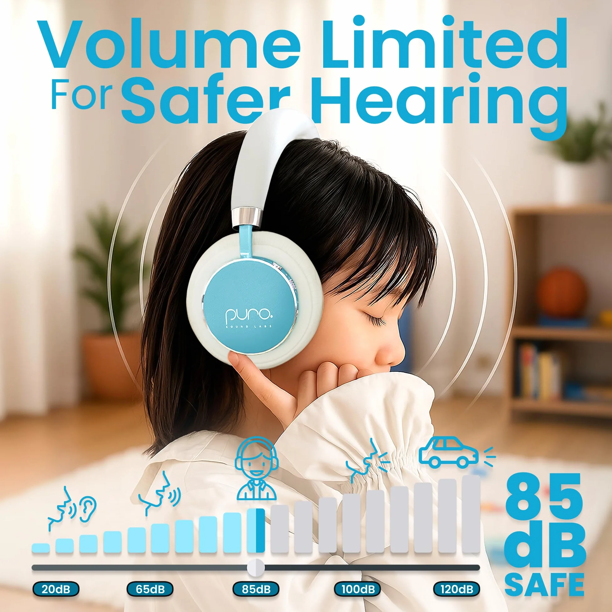 Puro Sound Labs BT2200 Plus dziecięce słuchawki Bluetooth, ograniczające głośność, 85 dB, dźwięk studyjny, nauszne i wygodna konstrukcja, 20 godzin pracy baterii, łatwe do podłączenia, bezprzewodowe