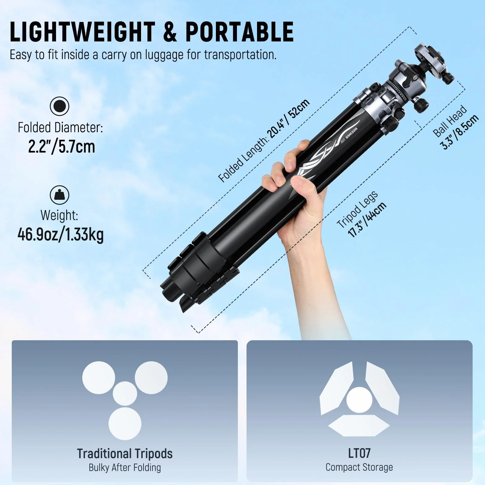 NEEWER LITETRIP LT07 154.9 cm aluminiowy statyw podróżny do aparatu z głowicą kulową Pan Tilt, niskoprofilowa głowica kulowa, płyta Arca QR, kompatybilna z płytą statywu Peak Design V3, podwójna oś