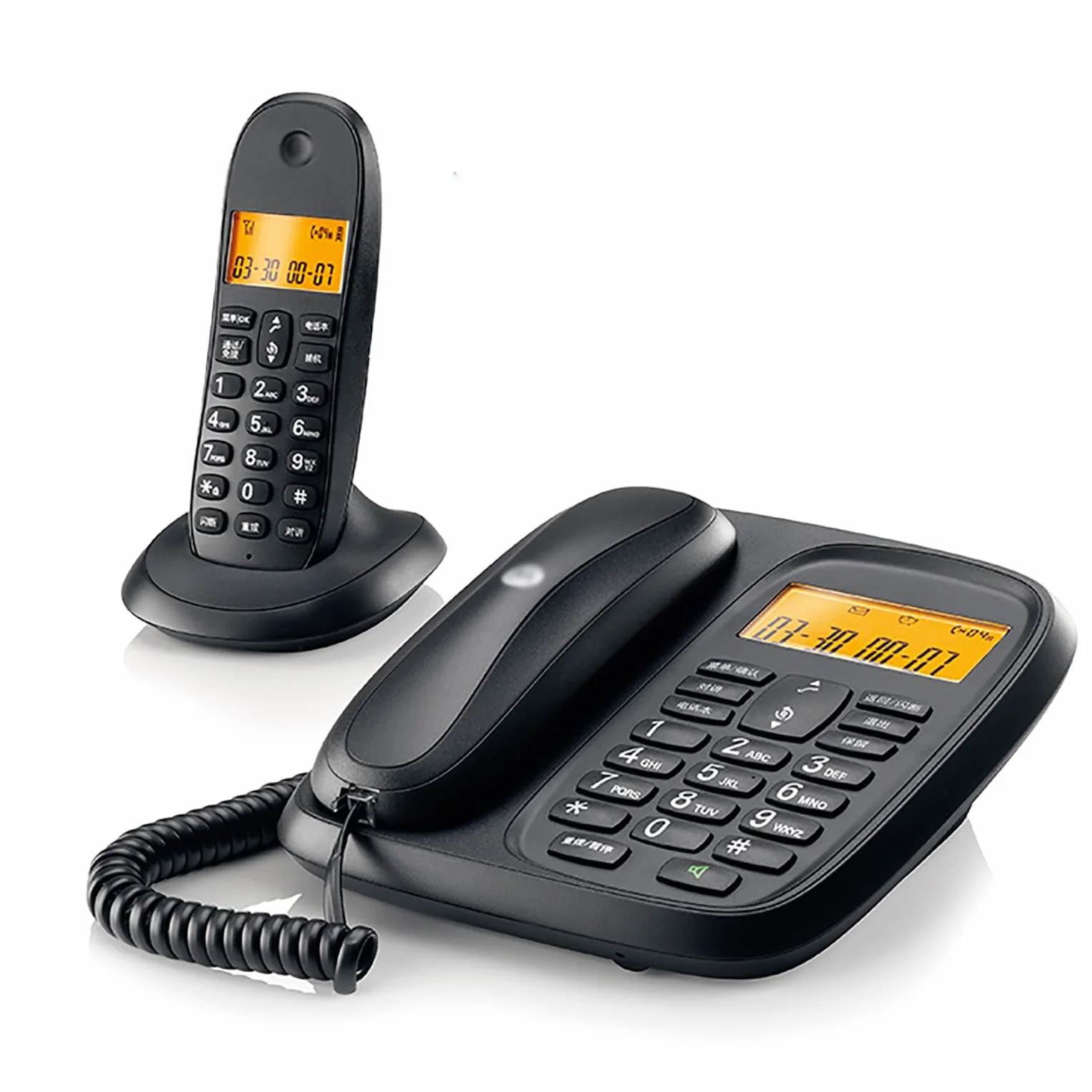 telefon bezprzewodowy + stacjonarny telefon stacjonarny, z blokadą połączeń irytujących, wyświetlacz z białym tłem, menu w języku angielskim, rozmowy w trybie głośnomówią(Czarny 1)