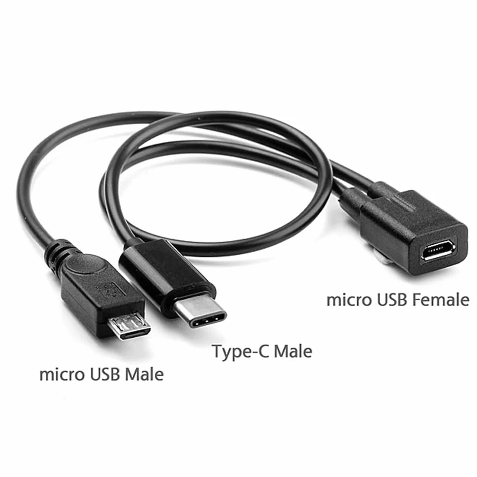 Adapter USB-C na MicroUSB, 2-portowy, AWG 28, czarny Micro USB żeński na USB-C typ C USB 3.1 Micro USB męski rozdzielacz przedłużający kabel do ładowania