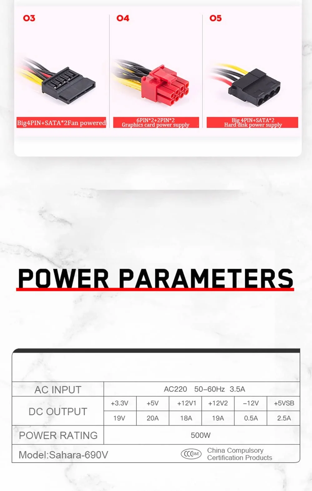 VELORE Zasilacz PC PSU znamionowy 500 W do obudowy komputera ATX Gaming 120mm wentylator 20/24PIN 12V źródło pulpitu