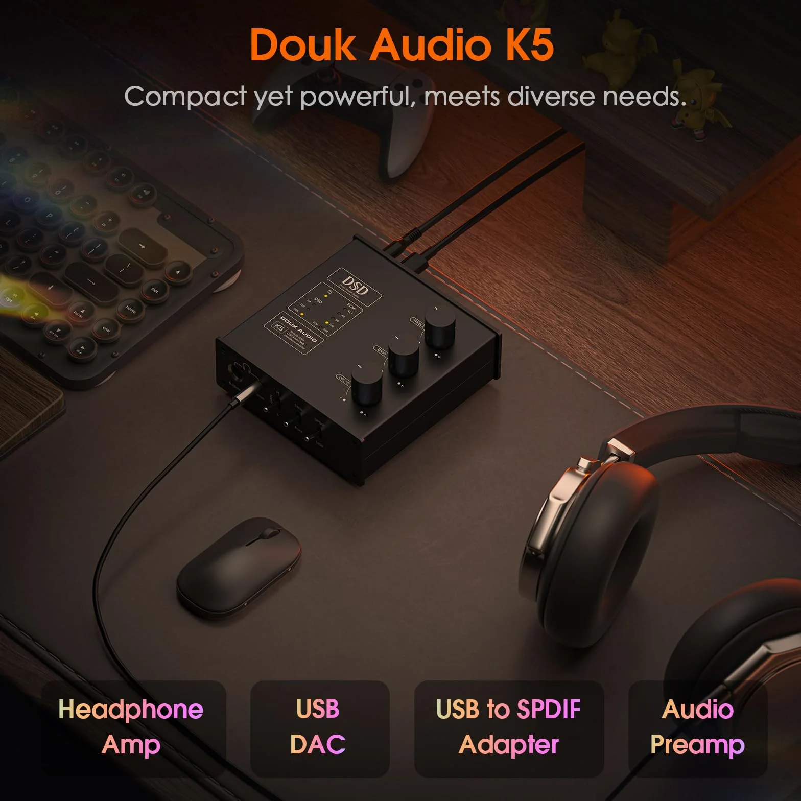Douk Audio K5 PC DAC wzmacniacz słuchawkowy z wejściem USB i optycznym DSD256 do wzmacniaczy, głośników, komputerów Mac i PC
