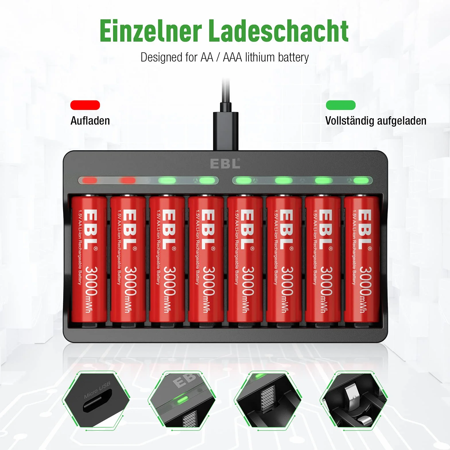 EBL Pakiet baterii AA 3000 mAh 1.5 V z ładowarką M7012 LED Micro USB