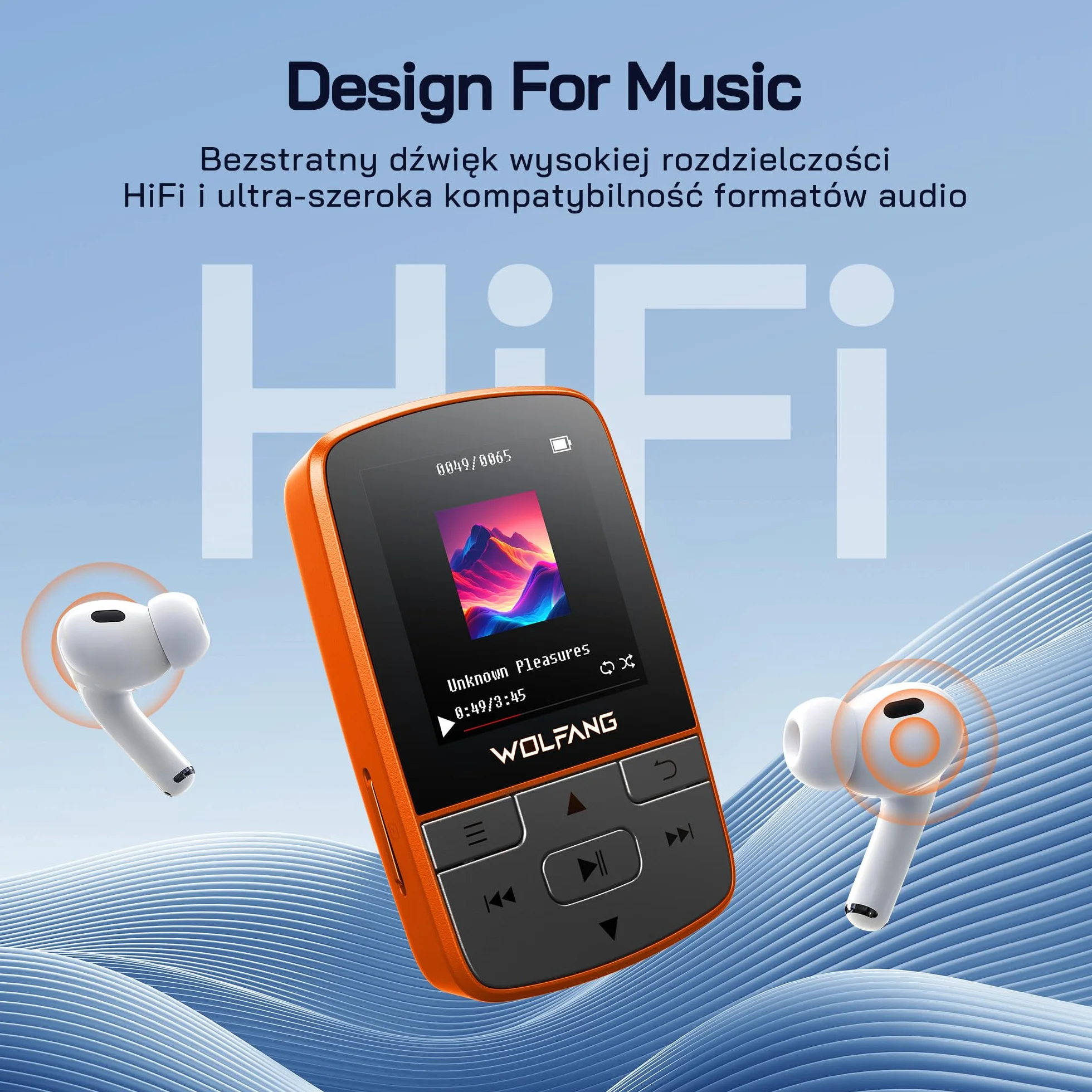 WOLFANG Odtwarzacze MP3 z Bluetooth 5.2, klips sportowy, mini rozmiar, waga 28 g, radio FM HiF, dyktafon, słuchawki w zestawie, pomarańczowe