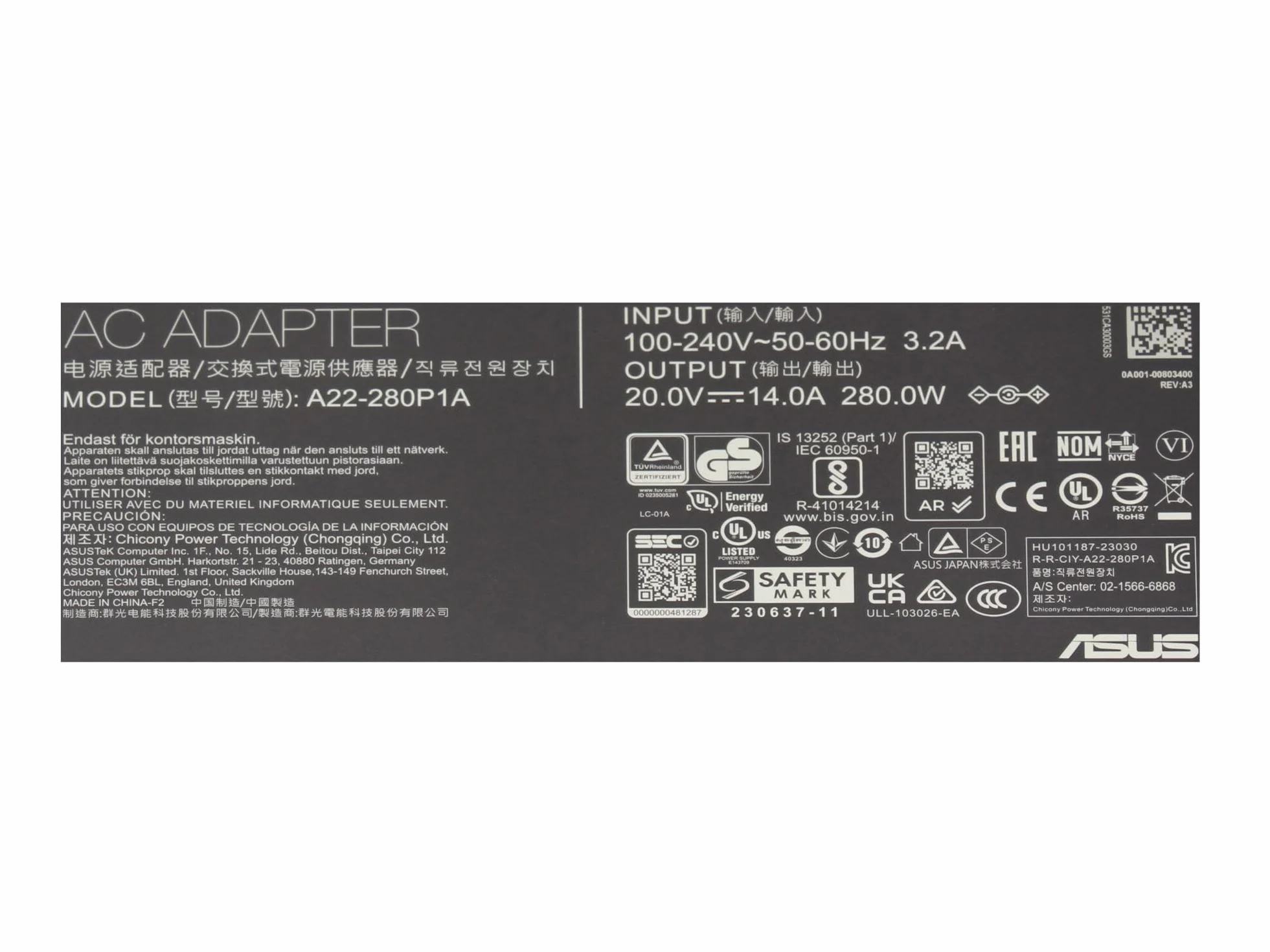 Asus ROG Strix SCAR III G531GW Zasilacz 280 Watt normalny (ROG) Nowy