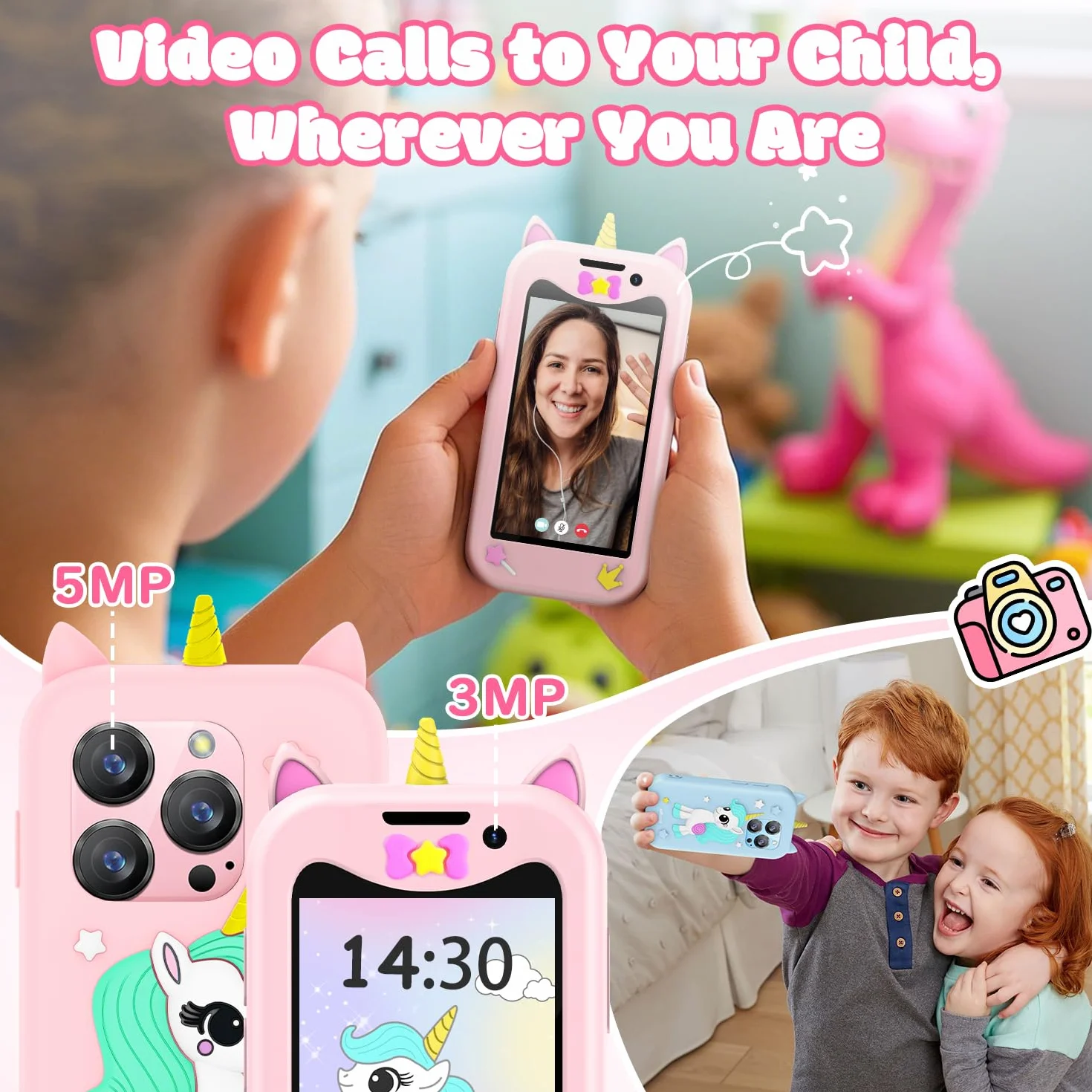 Mini smartfon jednorożec, 3-calowy ekran dotykowy HD, smartfon dla dzieci, podwójny aparat, rozpoznawanie twarzy, MP3/GPS, programowane włączanie/wyłączanie, odblokowany mały smartfon prezent