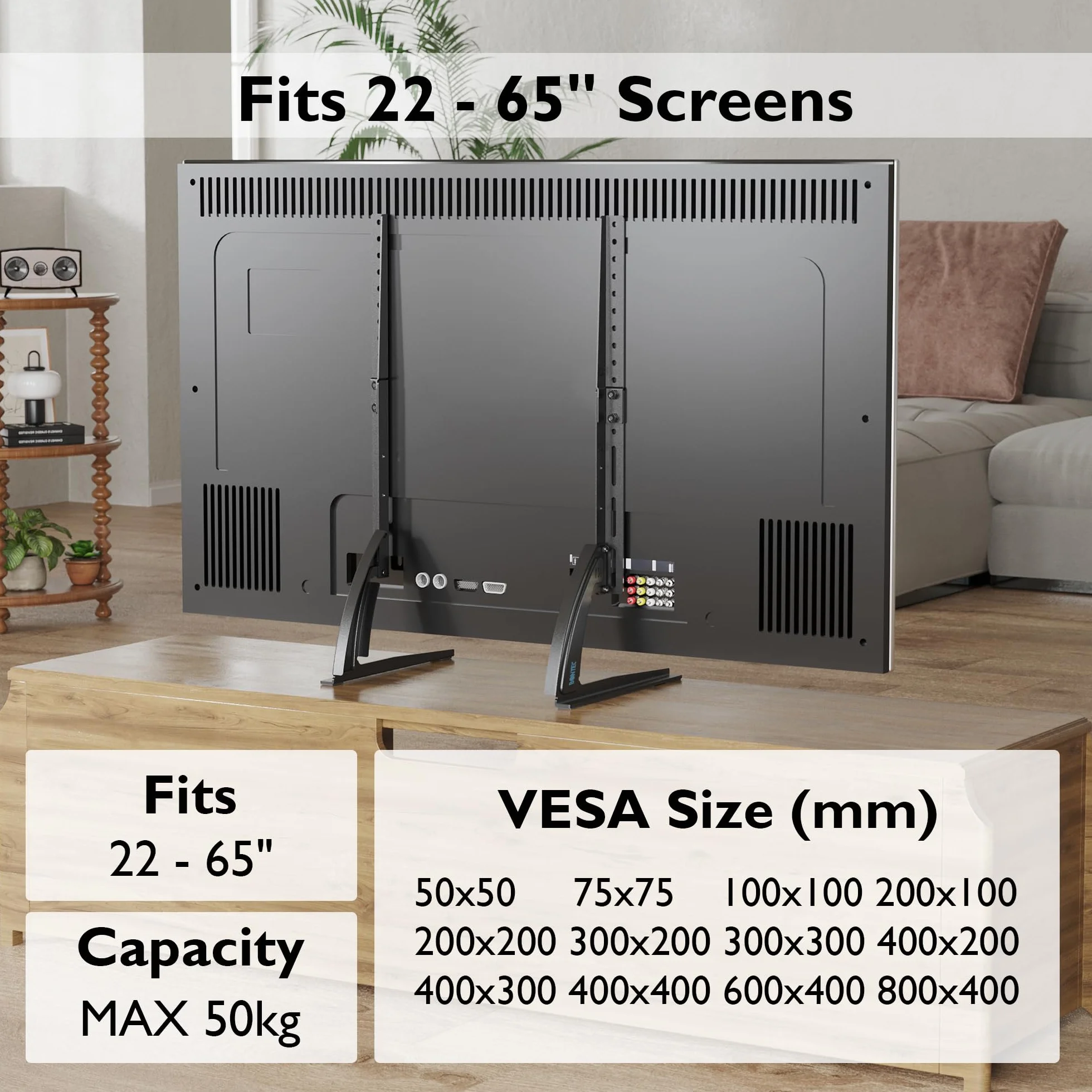 BONTEC Stojak TV 22-65 cali, Regulacja Wysokości 580-700 mm, Wysoka Stabilność, Kompatybilny z VESA 50x50-800x400 mm, 2 Opcje Instalacji, Uniwersalny Stojak Telewizyjny z Antypoślizgowymi Nóżkami