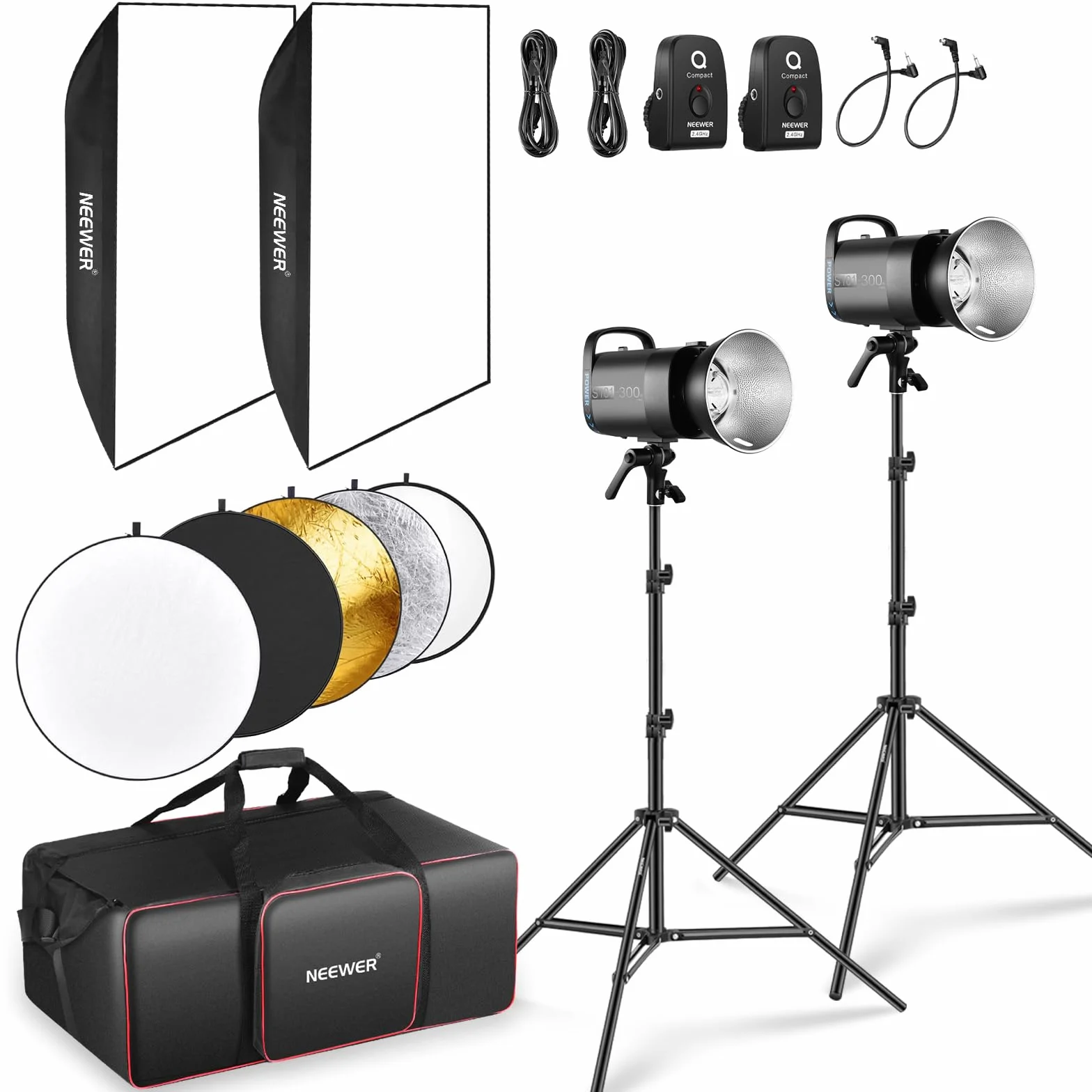 NEEWER 600 W Studio Monolight Strobe Flash zestaw 2 szt. S101-300 W PRO 5600 K lampa błyskowa Studio z wyzwalaczem 2,4 G/lampa nastawcza 150 W/Bowens Mount/softbox/stojak/reflektor/torba,