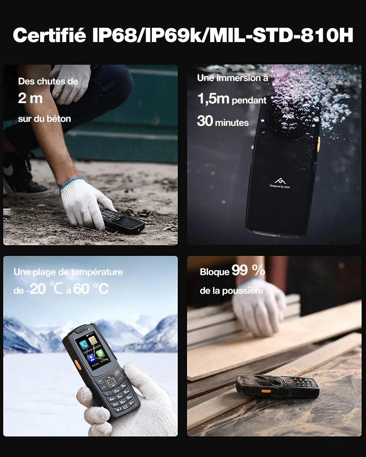AGM Wytrzymały telefon komórkowy M6, podwójna karta SIM 4G LTE, duże klawisze i czcionka, głośnik 109 DB, rozszerzenie pamięci przez kartę TF do 128 GB, wodoodporny i odporny na upadki (IP68).
