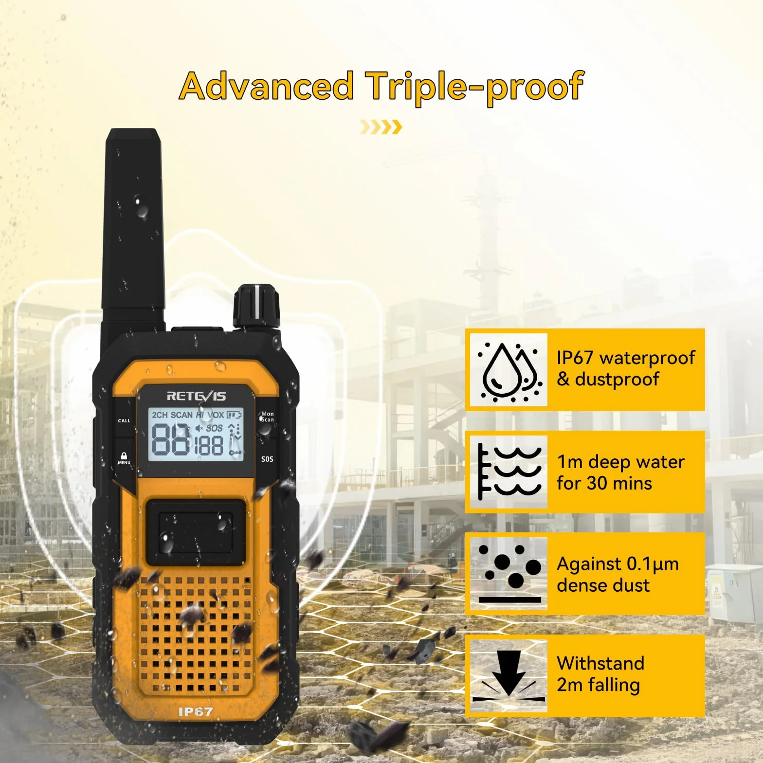 Retevis RB648 Walkie Talkie, IP67 Wodoodporne Radio Z 6-DrożNą łAdowarką, 2000mAh, Podwójny PTT, Wibracja VOX, Wytrzymałe Walkie Talkie dla Dorosłych, Miejsca Pracy, Przemysłowe (6 Szt., Żółty)